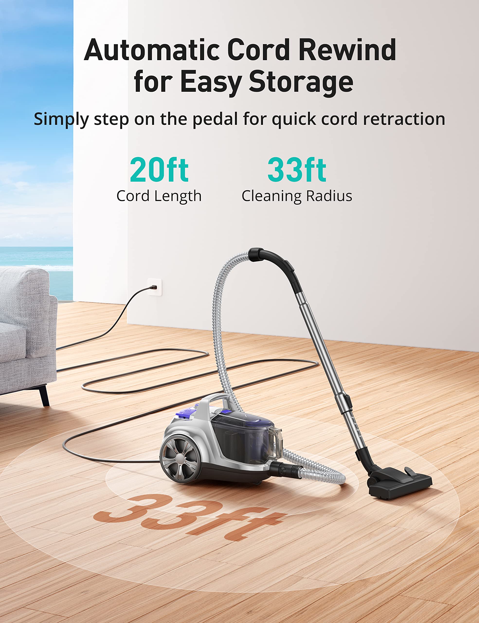 Aspiron 3.5L Silver Canister Vacuum Cleaner for Home Cleaning
