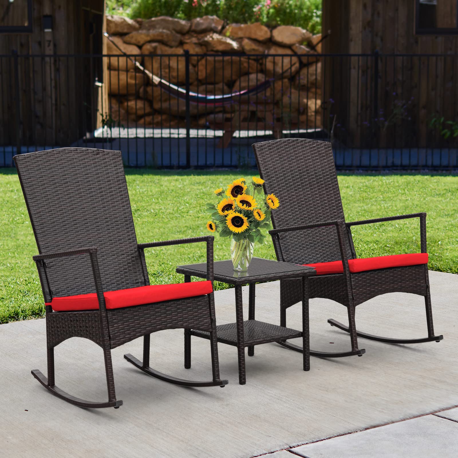 Outdoor PE Wicker Rocking Chair 3-Piece Patio Set with Glass Top Coffee Table & Red Cushions - Brown Rattan Garden Conversation Furniture for Porch, Deck, or Backyard Relaxation