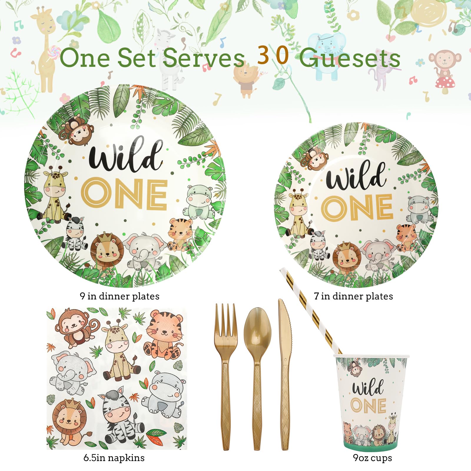 240-Piece Wild One 1st Birthday Party Decorations Set - Jungle Theme Tableware for 30 Guests Including Plates, Cups, Napkins & Straws (30-Pack) - Perfect for Baby's First Birthday, Safari Themed Parties & Animal Print Celebrations