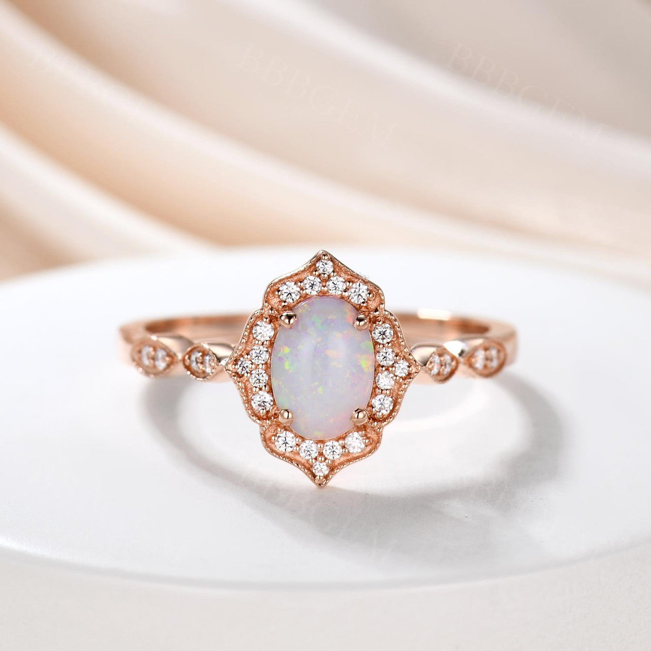 Vintage Floral Oval Cut Opal Engagement Ring with Halo Rose Gold Marquise 1/4 Diamond Band - Perfect for Wedding, Proposal & Anniversary Gifts