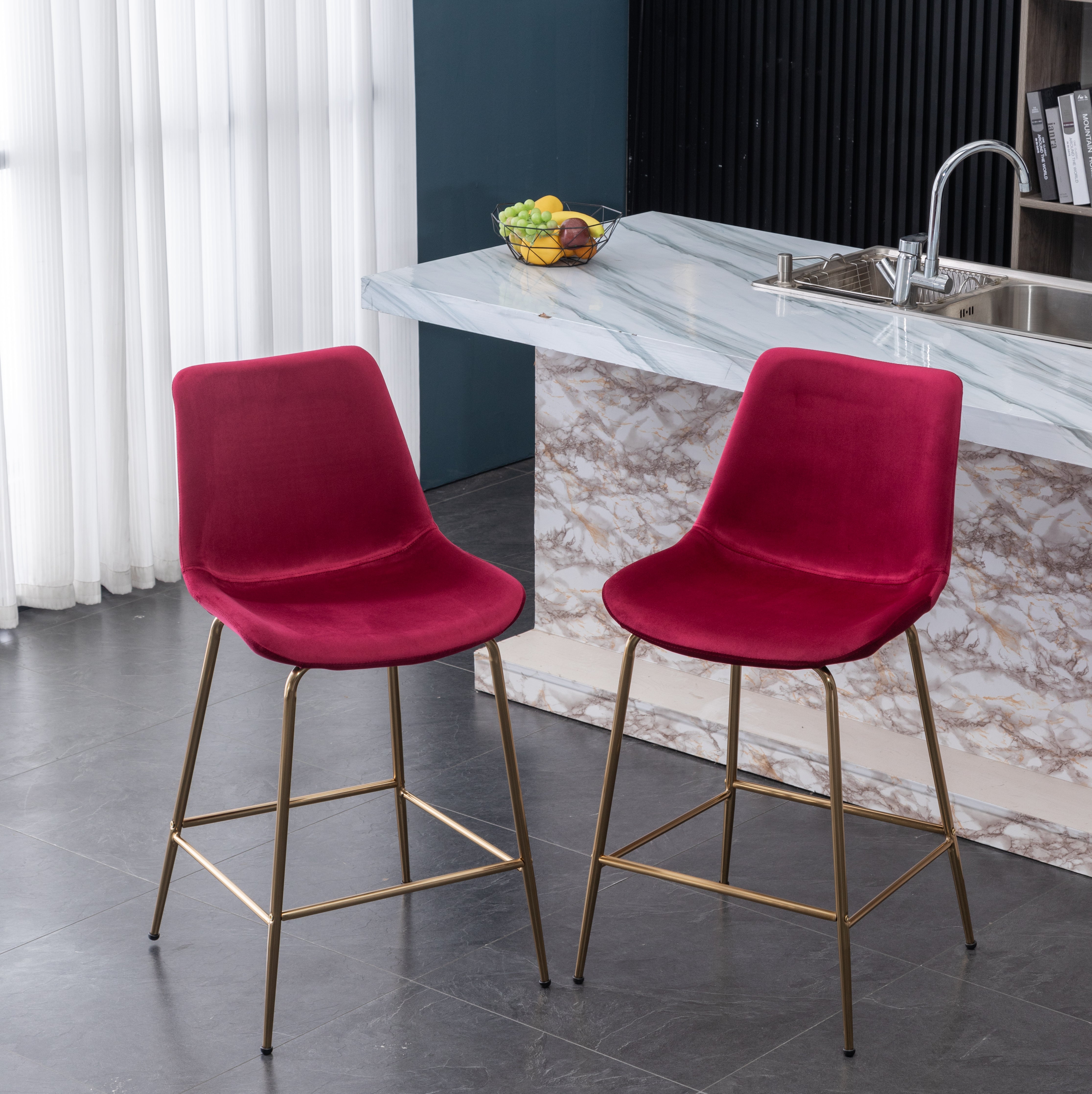 Roundhill Furniture Aufurr Modern Velvet Counter Height Bar Stools - Set of 2, 26.5 Inch Height, Rich Red Velvet Upholstery - Perfect for Kitchen Islands, Breakfast Bars & Home Decor