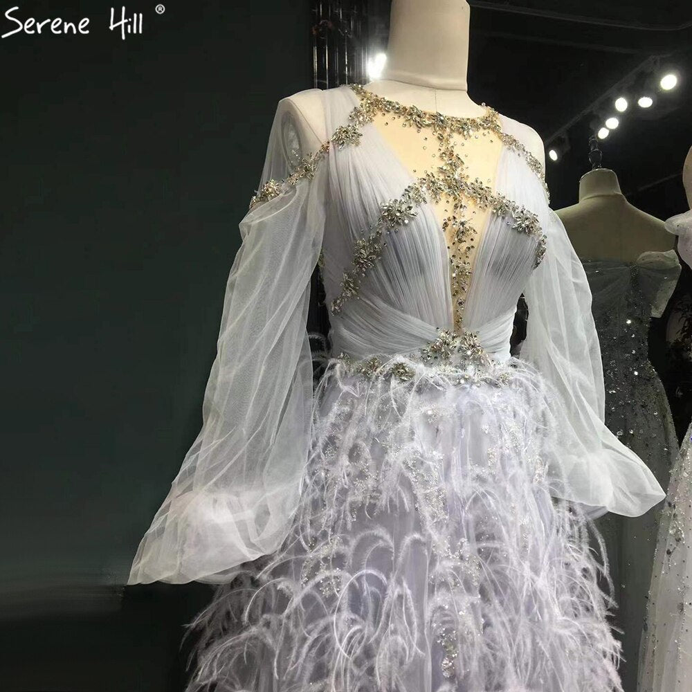 Elegant Grey A-Line Evening Gown with Long Sleeves & Diamond Feather Details - Women's Luxury Party Dress for Formal Events, Galas & Special Occasions - Serene Hill Collection LA71495