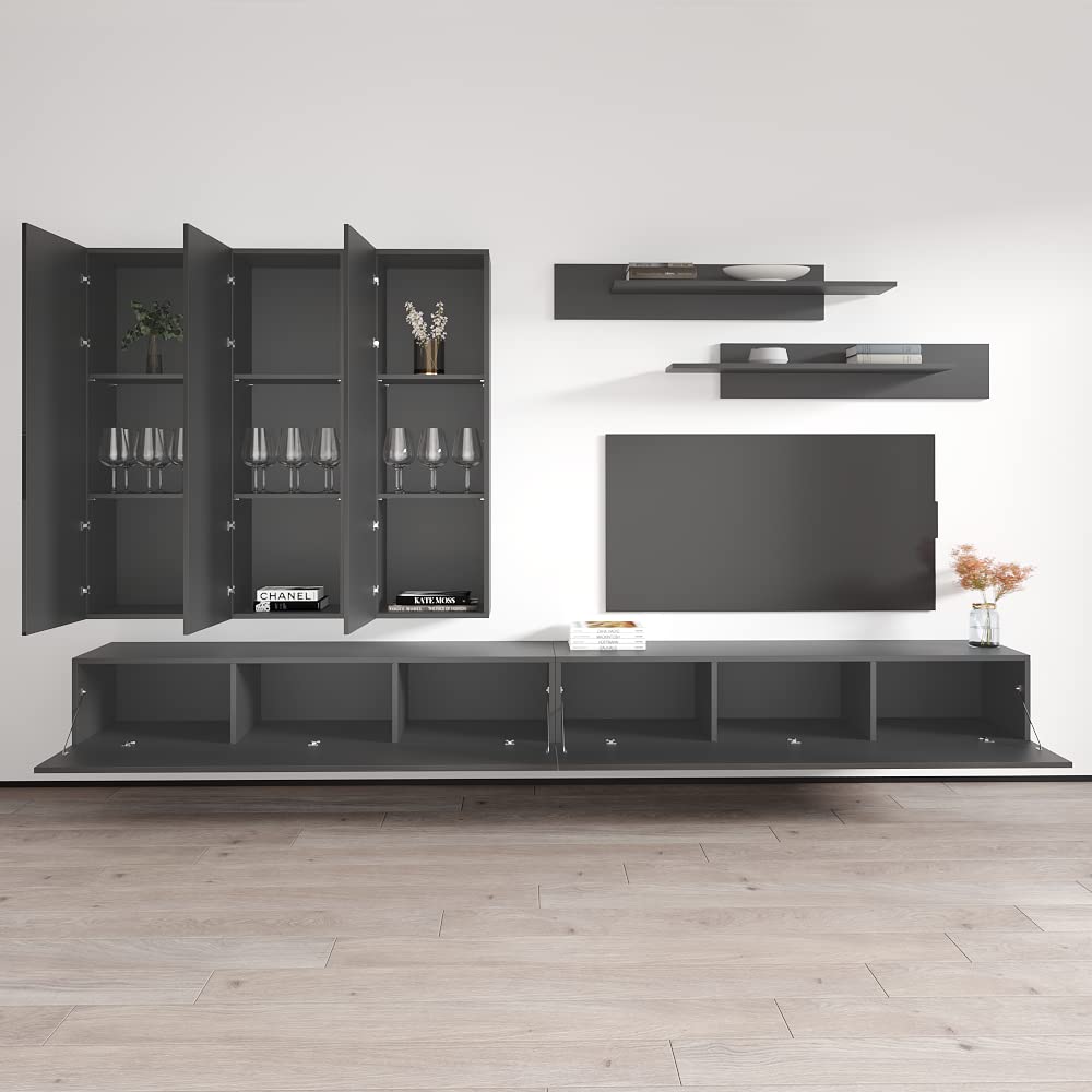 Modern Gray E1 30TV Wall-Mounted Floating Entertainment Center with Storage Shelves & LED Lights - Space-Saving TV Stand for Bedroom & Living Room - Perfect for Small Apartments, Home Theaters, and Gaming Setups