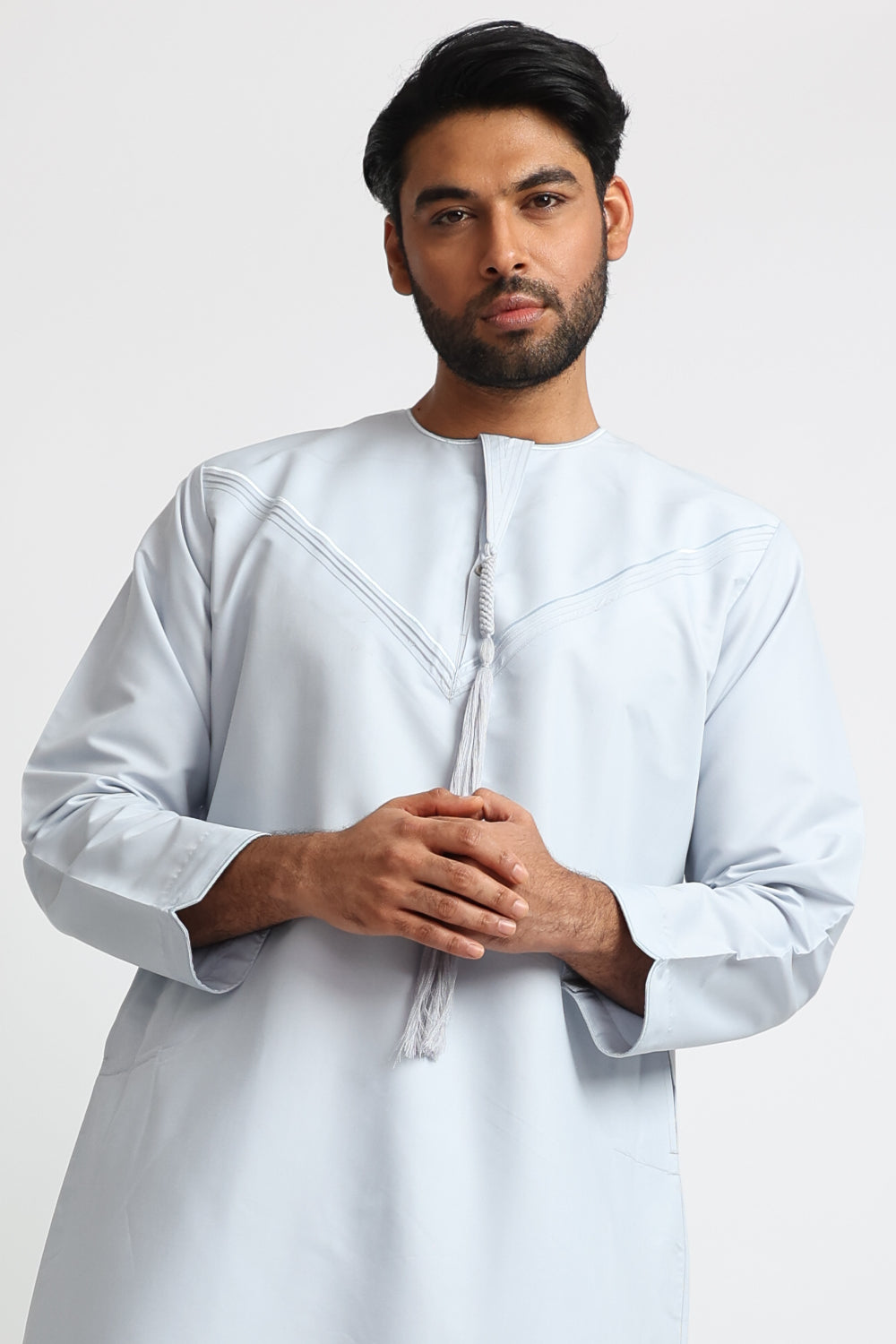 J101 Light Blue Boys Pleated Emirati Thobe - Traditional Arabic Robe for Kids - Perfect for Eid, Weddings & Special Occasions