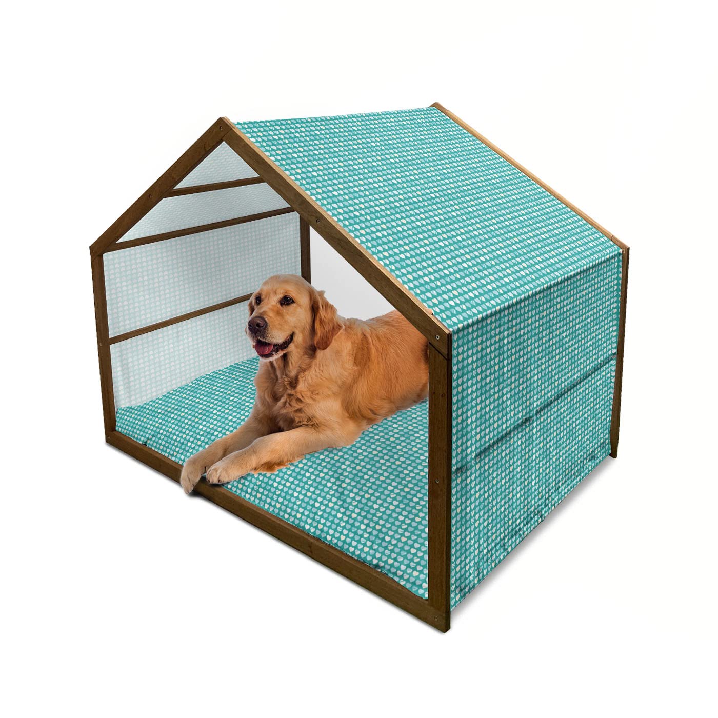 Ambesonne Romantic Wooden Dog House with Heart Design - Indoor & Outdoor Portable Pet Kennel with Pillow & Cover - X-Large Size in Jade Green Seafoam Cream - Perfect for Backyard, Patio, or Living Room Use