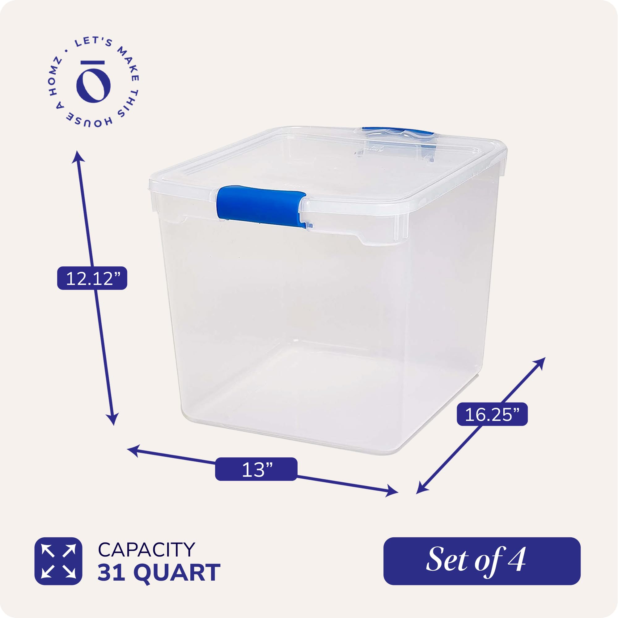 HOMZ 4-Pack 31 Quart Clear Plastic Storage Bins with Secure Blue Latches - Organize Closet, Pantry, Office & Kids Toys - Durable Stackable Storage Containers for Home Organization