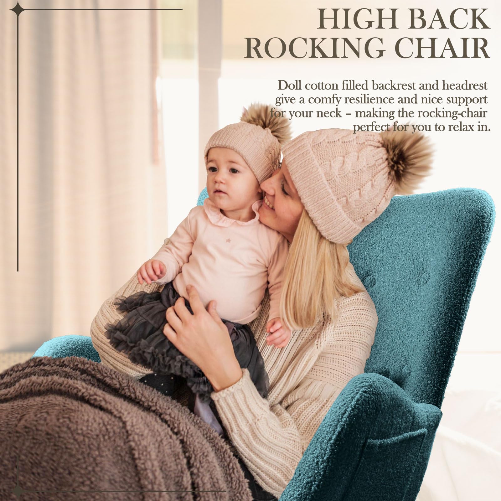 Waleaf Upholstered Rocking Chair with High Backrest & Headrest - Soft Padded Nursery Rocker, Comfy Nursing Chair for Bedroom, Living Room & Nursery - Perfect for Breastfeeding, Relaxing & Reading
