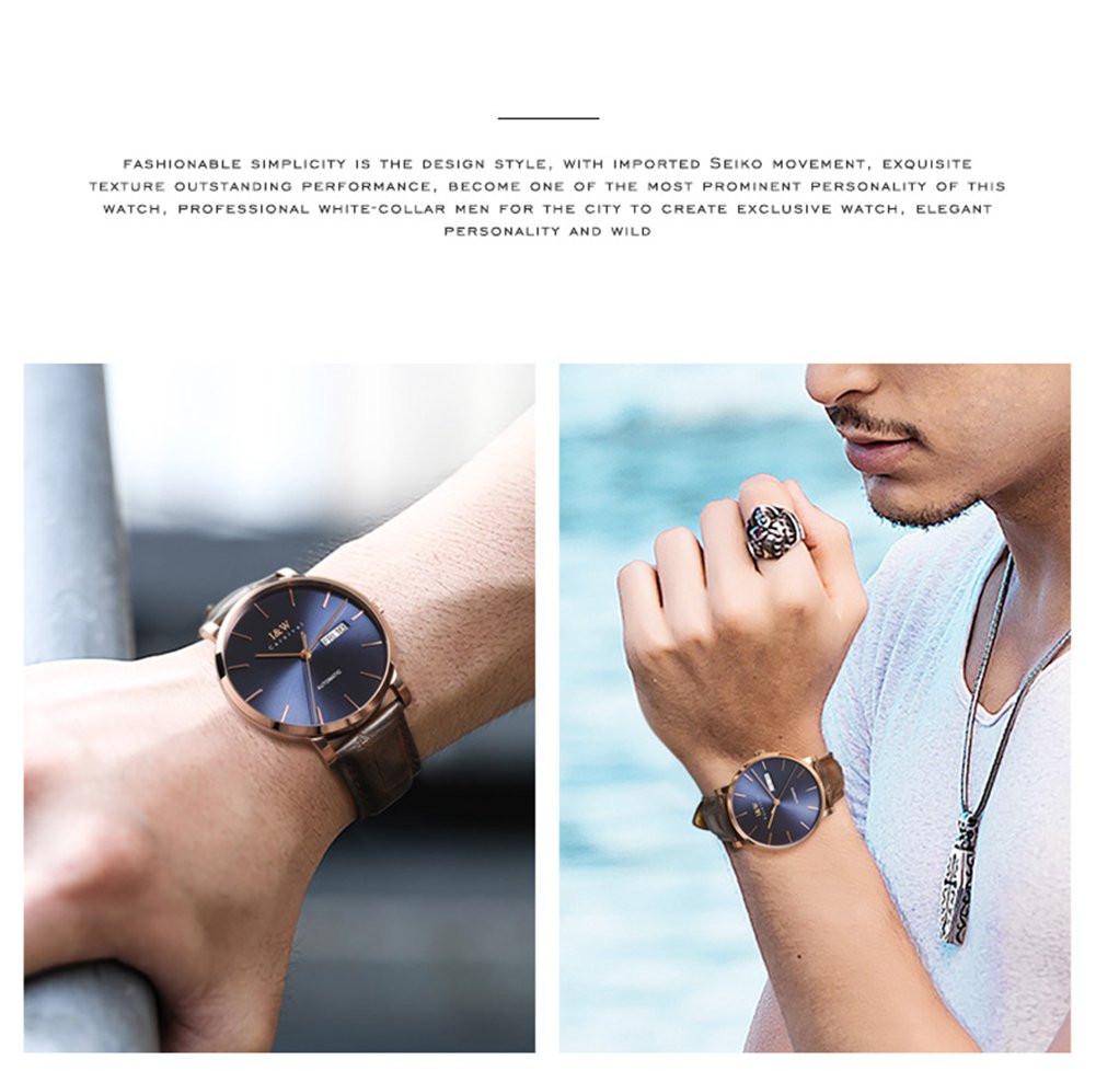 MASTOP Ultra-Thin Automatic Mechanical Watch for Men - Sapphire Crystal Glass, Date Display, Waterproof, Genuine Brown Leather Strap - Perfect for Business, Formal Occasions & Everyday Wear
