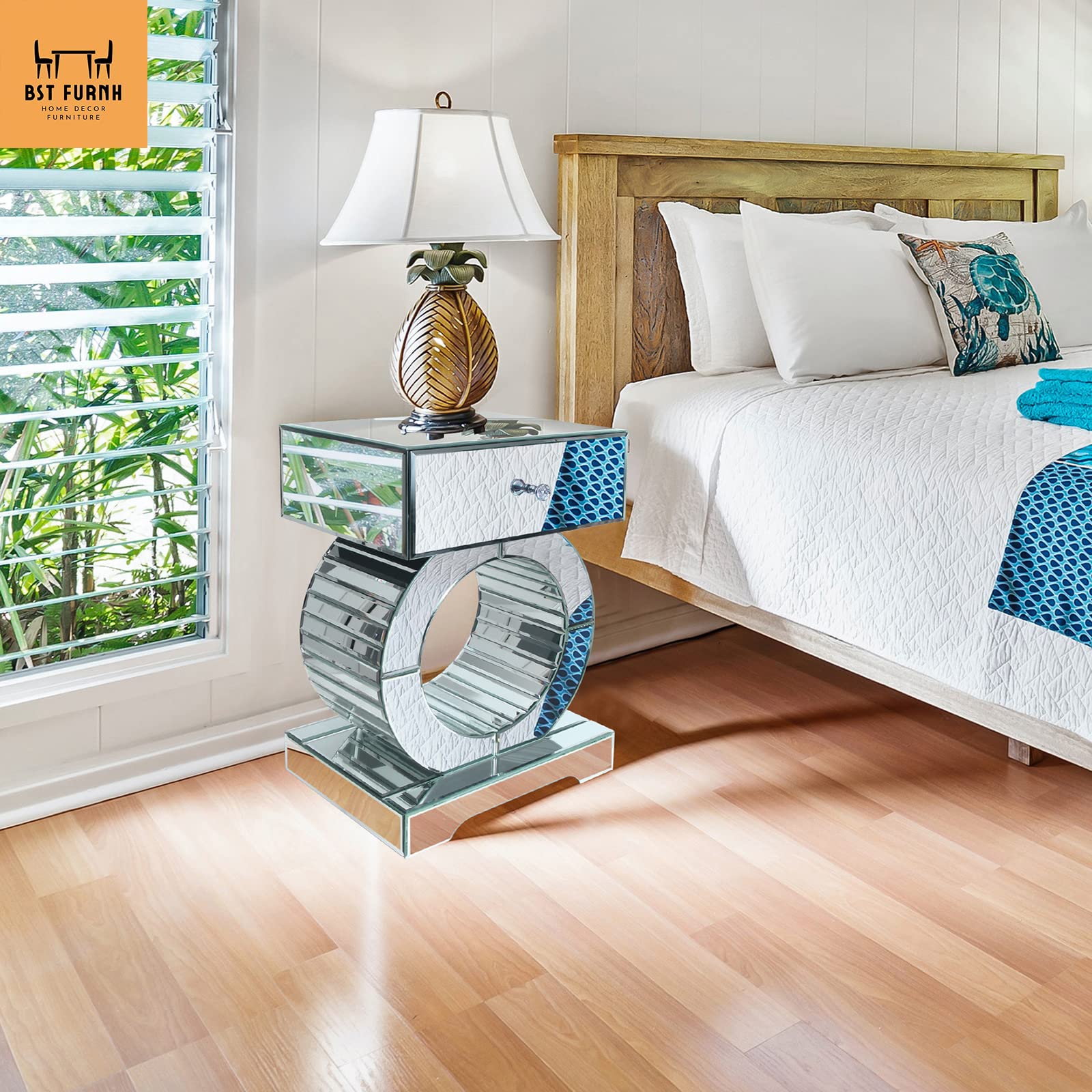 Modern Glass Side Table with Mirror & Drawer - Silver Accent Nightstand for Bedroom, Mirrored Dresser & Bedside Cabinet - Perfect for Small Spaces, Guest Rooms & Contemporary Home Decor