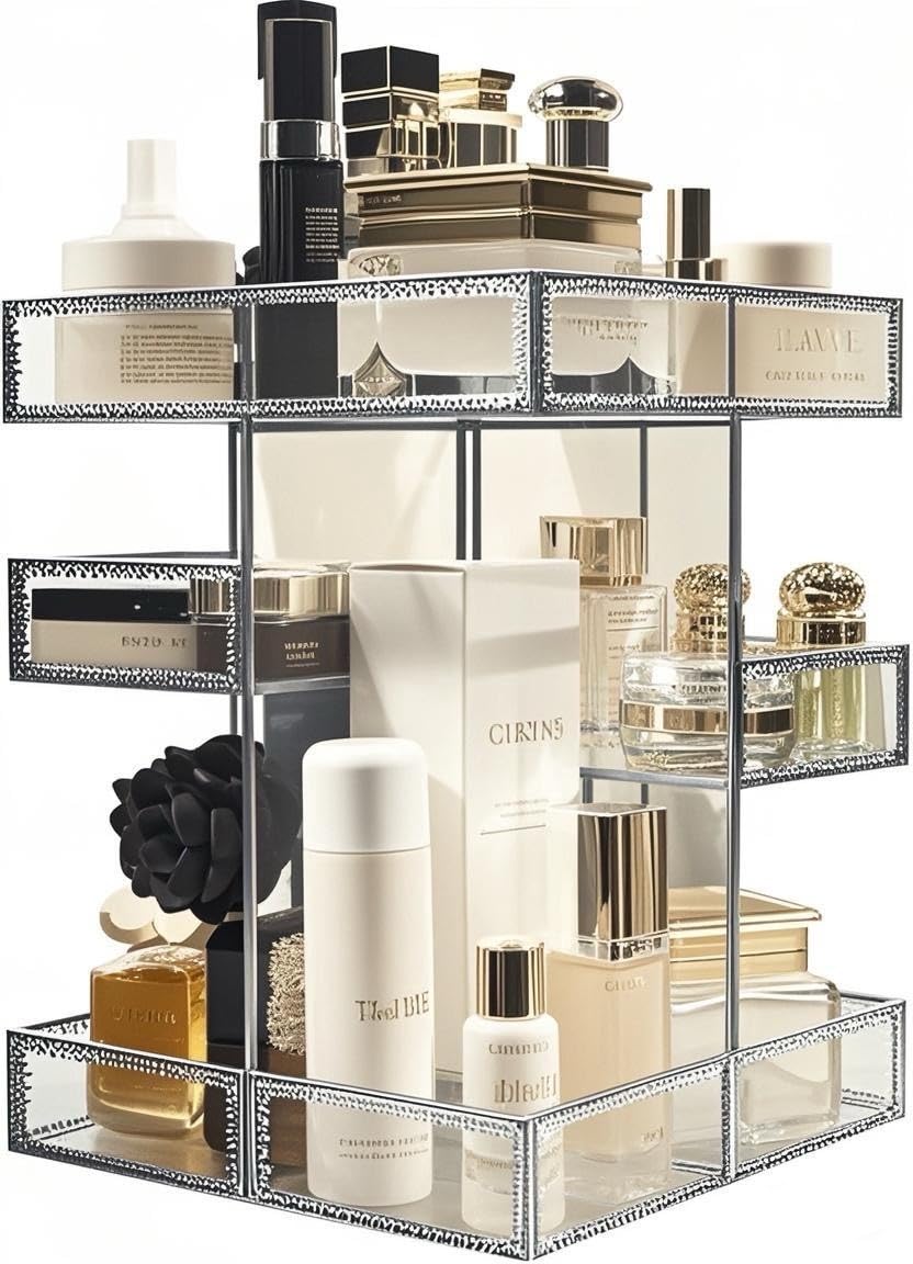 Hersoo 360 Degree Rotating Makeup Organizer - Premium Spinning Cosmetic Storage with Large Capacity, Antique Vanity Countertop Display for Bathroom, Bedroom & Dressing Table (Silver) | Perfect for Organizing Lipsticks, Brushes & Skincare Products