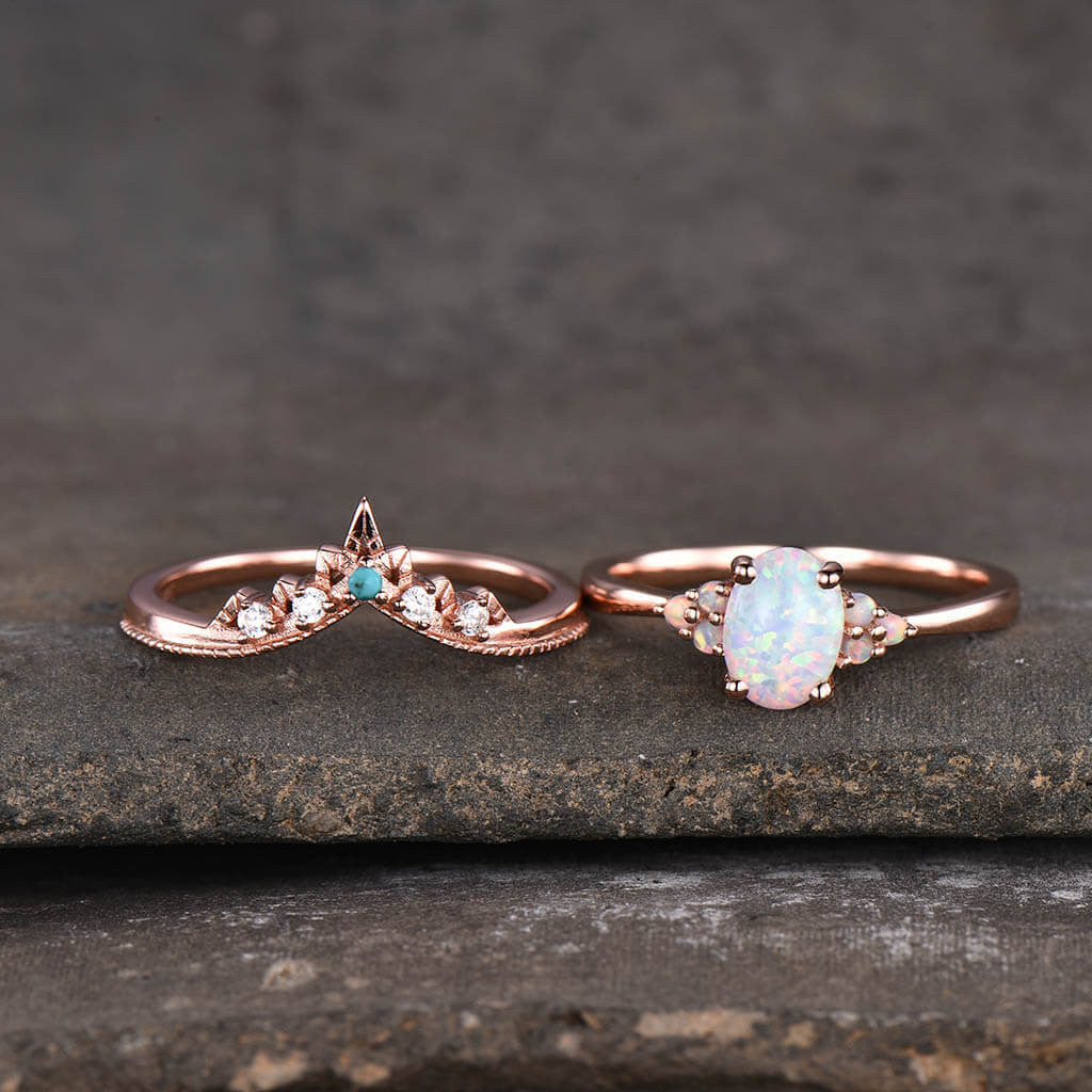 14k/18k Oval Opal Engagement Ring Set - Cluster Opal Bridal Jewelry for Wedding, Proposal & Anniversary Gifts