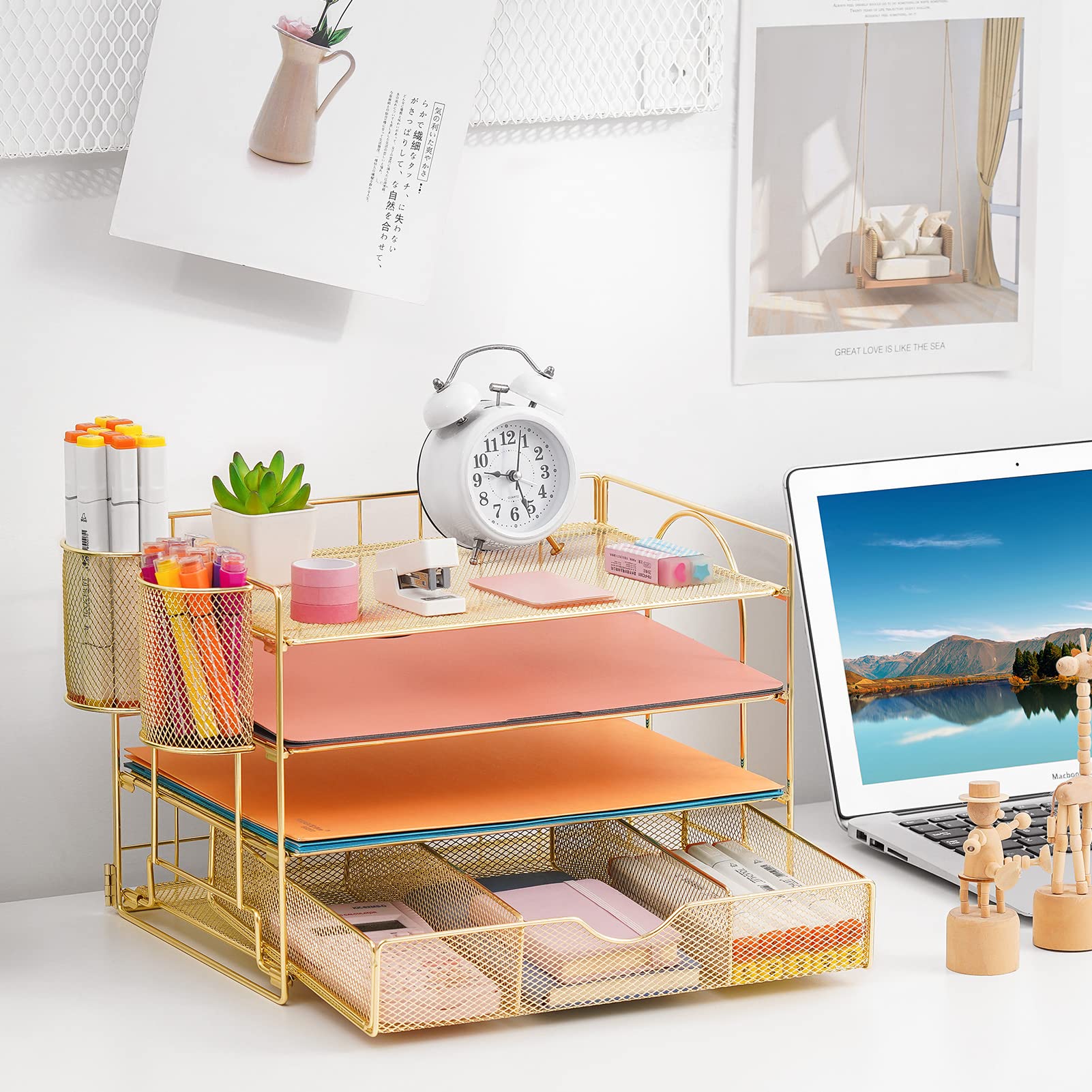 Lavatino 4-Tier Paper Letter Tray Organizer with File Holder & Drawer - Gold Desk Accessories for Office Supplies, Workspace Organization - Perfect for Home Office, School, and Business Use