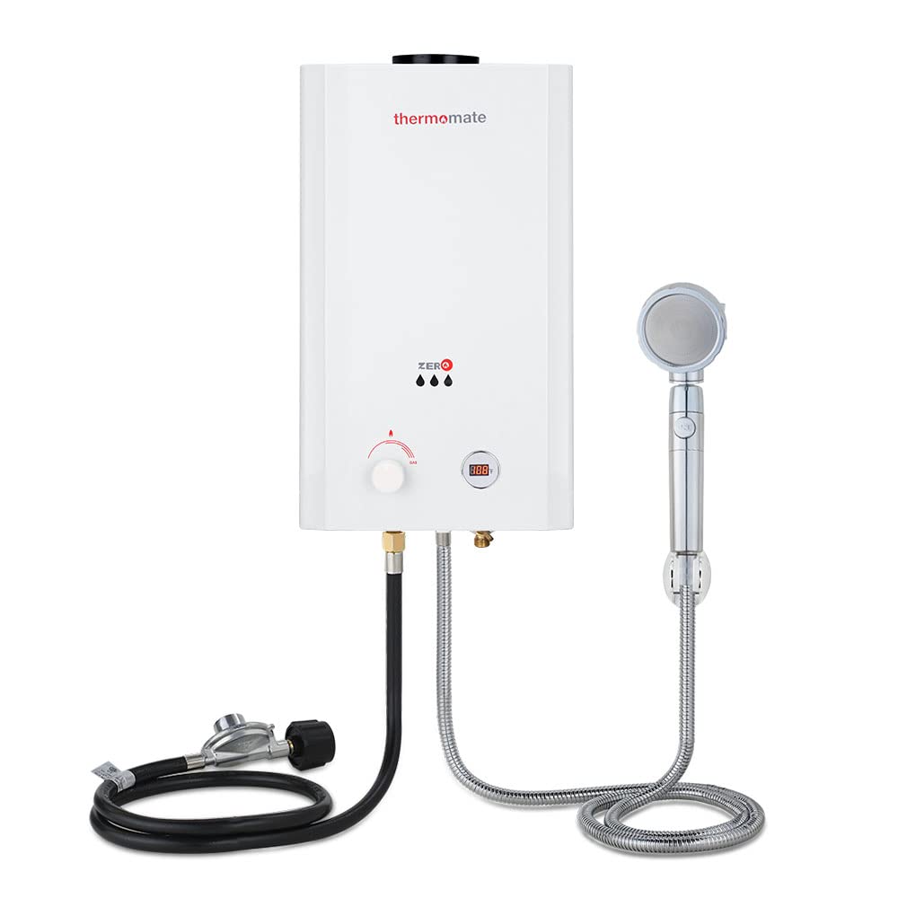 Thermomate 2.64 GPM Portable Propane Water Heater for Camping - 10L Tankless Outdoor Shower with Digital Display & Overheat Protection - Perfect for RV Trips, Backpacking, and Off-Grid Living (White)