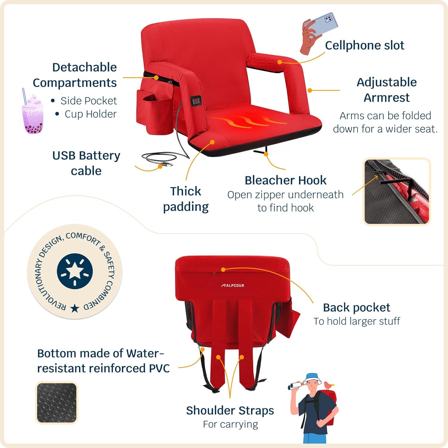 Alpcour Heated Reclining Stadium Seat with Back Support - Wide Bleacher Chair with Cushion, Armrests, Side Pockets & Hook - Portable Outdoor Seat for Camping, Kayaking, Paddle Boarding, Sporting Events & Picnics