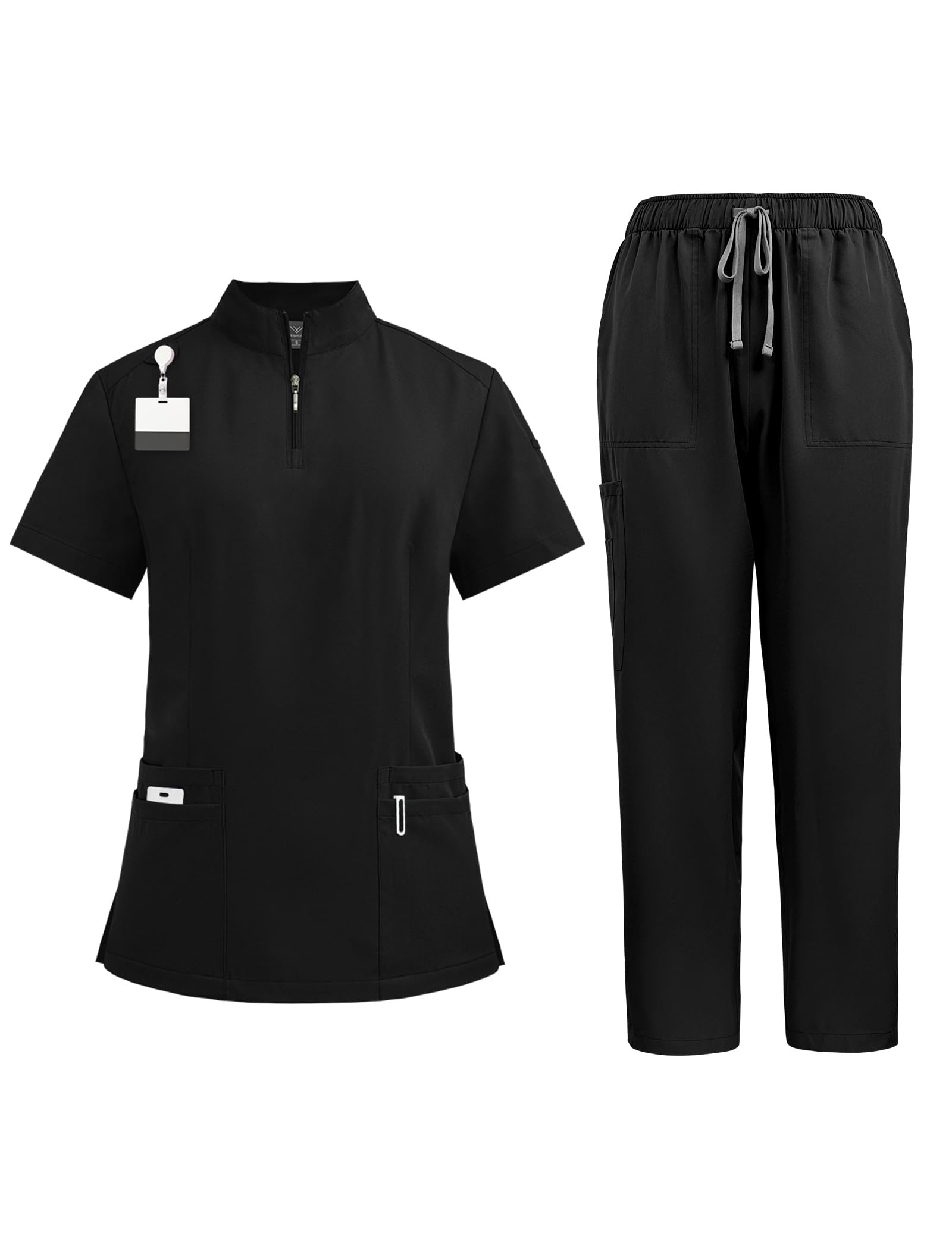 Niaahinn Women's Stretch Collar Scrub Top & Yoga Cargo Pants Set - Comfortable Medical Uniform with 10 Pockets for Nurses, Doctors, and Healthcare Professionals - Perfect for Work, Yoga, and Everyday Wear
