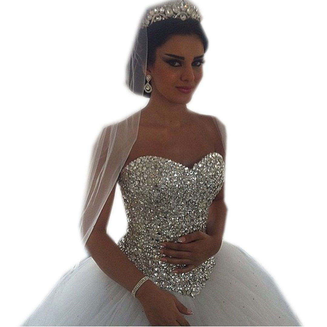 Crystal Beaded Sweetheart Bodice Corset Princess Wedding Dress – Elegant Bridal Gown for Church Ceremony & Romantic Beach Weddings