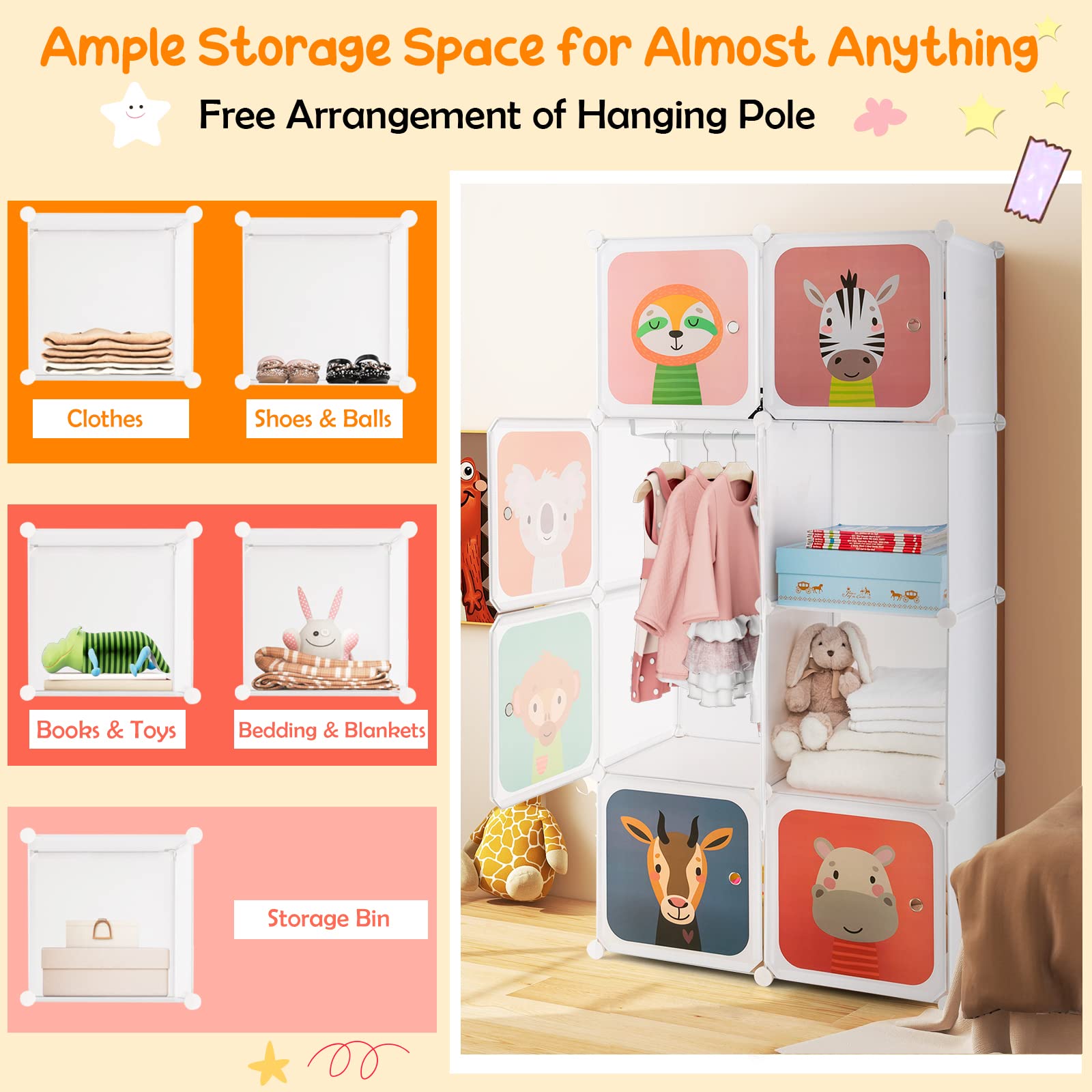 HONEY JOY Kids Wardrobe Closet - 8-Cube & 2-Hanging Section Baby Clothes Organizer | Portable DIY Modular Dresser Cabinet for Boys & Girls Nursery (White) | Perfect for Bedroom Storage & Toy Organization