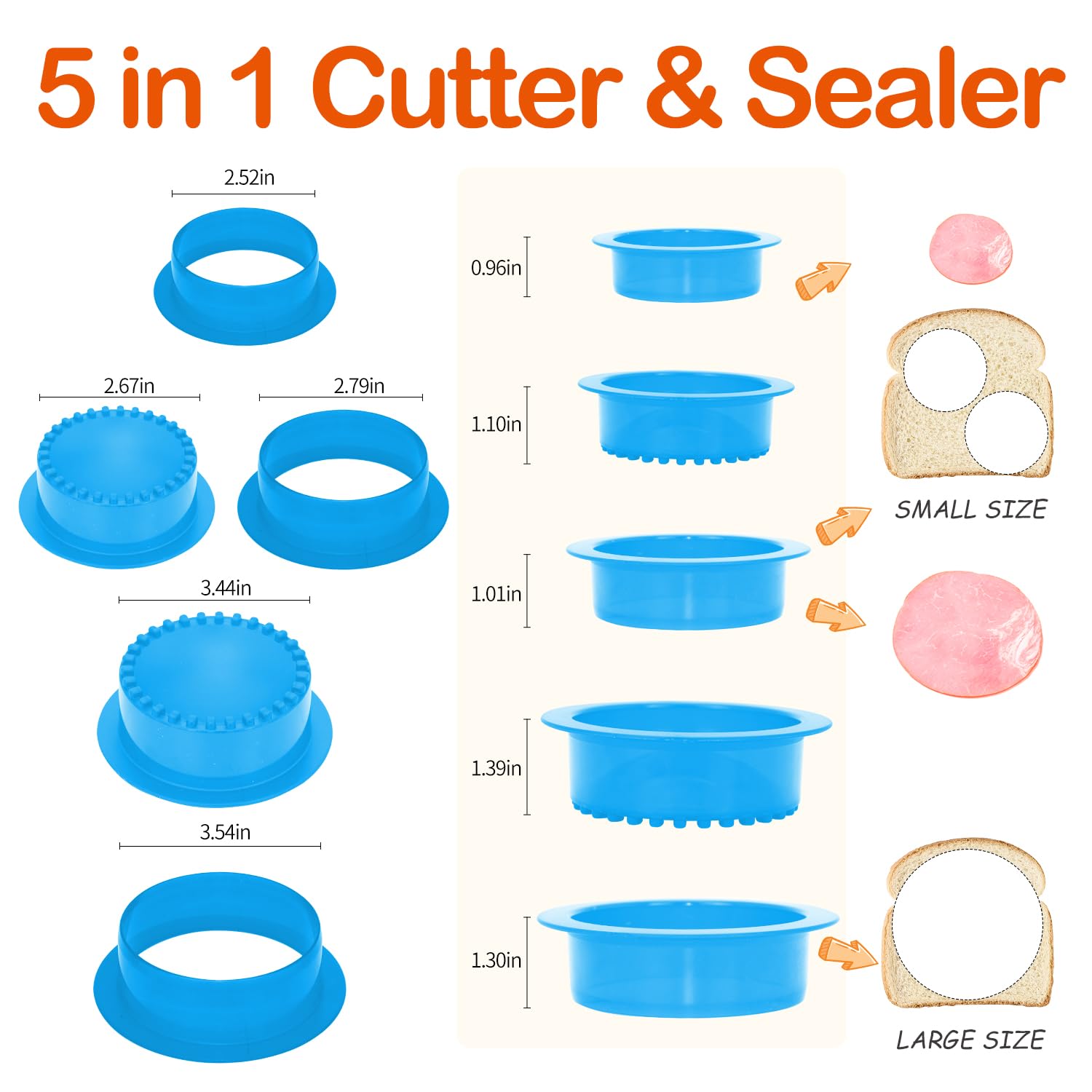HiYZ 5-Piece Sandwich Cutter and Sealer Set - Crustless Sandwich Maker for Peanut Butter, Jelly, Bread, Pancakes & Cookies - Includes Round Blue Cutter and Fruit Picks - Perfect for School Lunches, Picnics and Kids Snacks