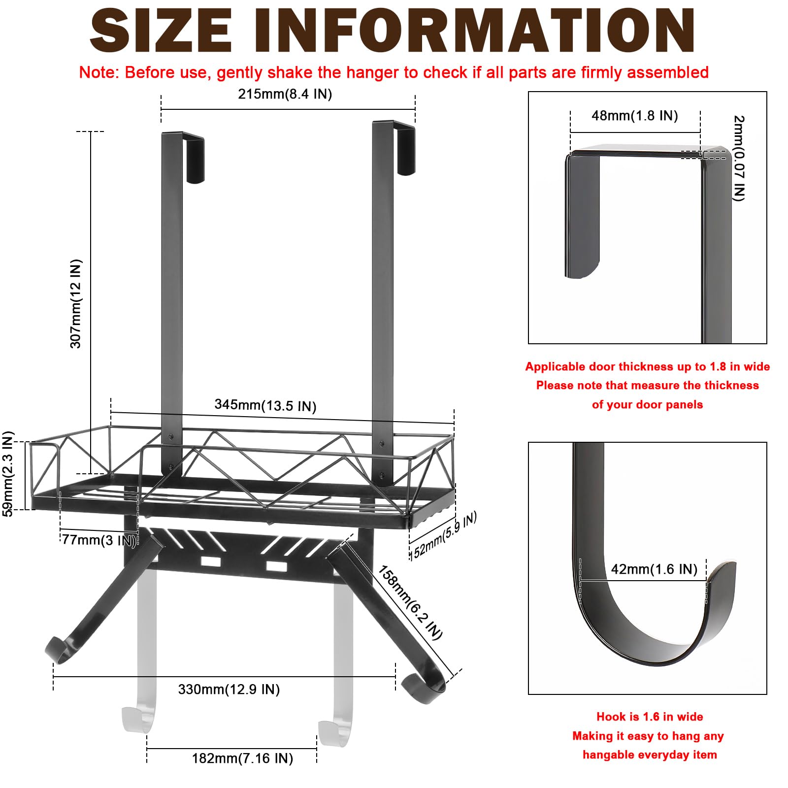 Metal Over The Door or Wall Mounted Ironing Board Hanger - Adjustable Storage Shelf with Hooks for Laundry Room, Living Room, Bathroom - Space Saving Organizer for Home & Apartment (Matte Black)