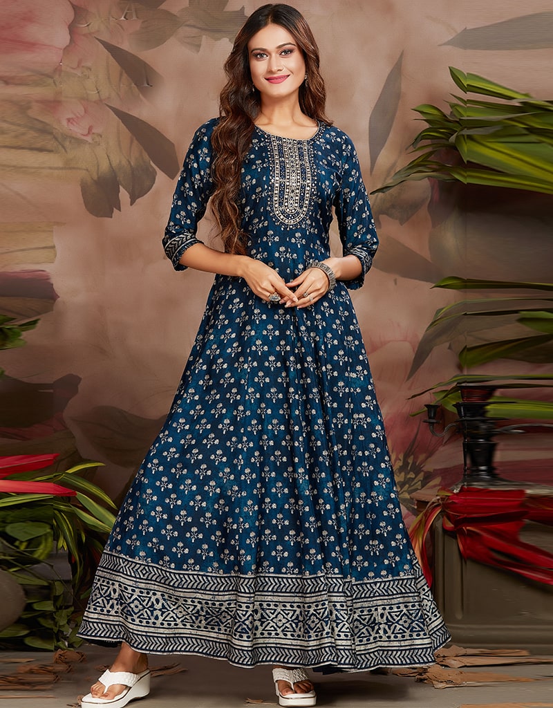 Stylish Blue Anarkali Kurti for Women - Traditional Indian Long Dress with Embroidery - Perfect for Festivals, Weddings & Special Occasions