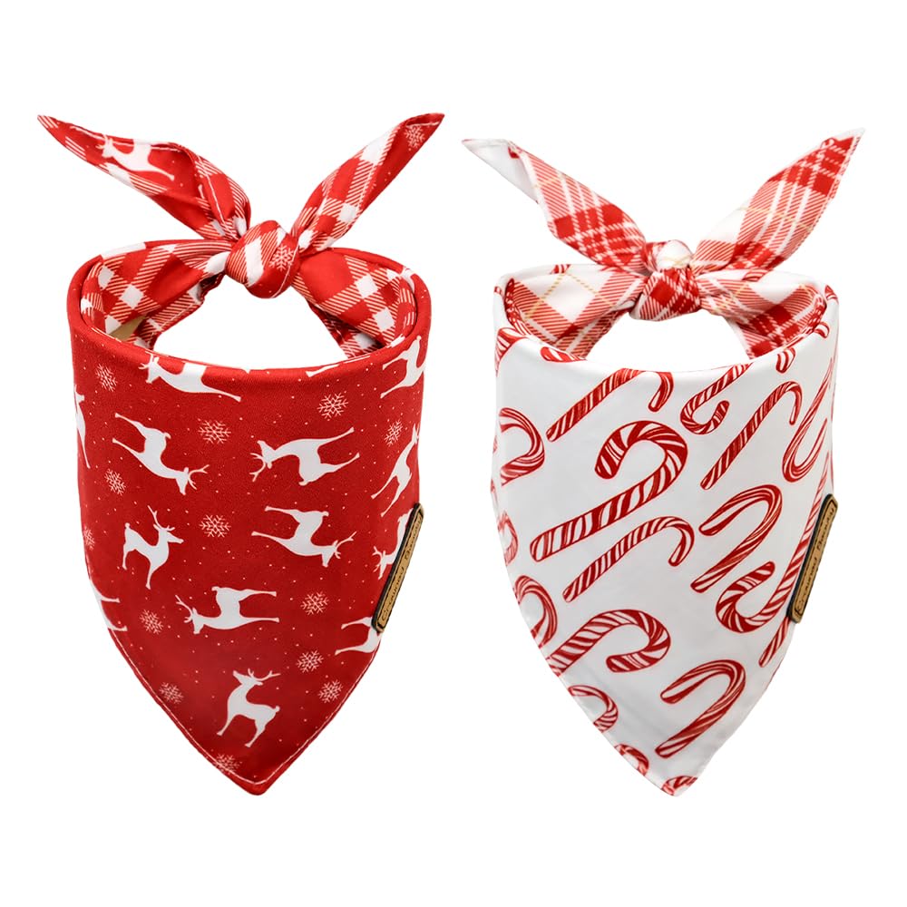 Christmas Dog Bandanas for Small Dogs - 2 Pack Deer Holiday Plaid Reversible Scarves, Adjustable Pet Bandana for Christmas Photos & Party Outfits - Perfect for Festive Pet Costumes & Holiday Gatherings