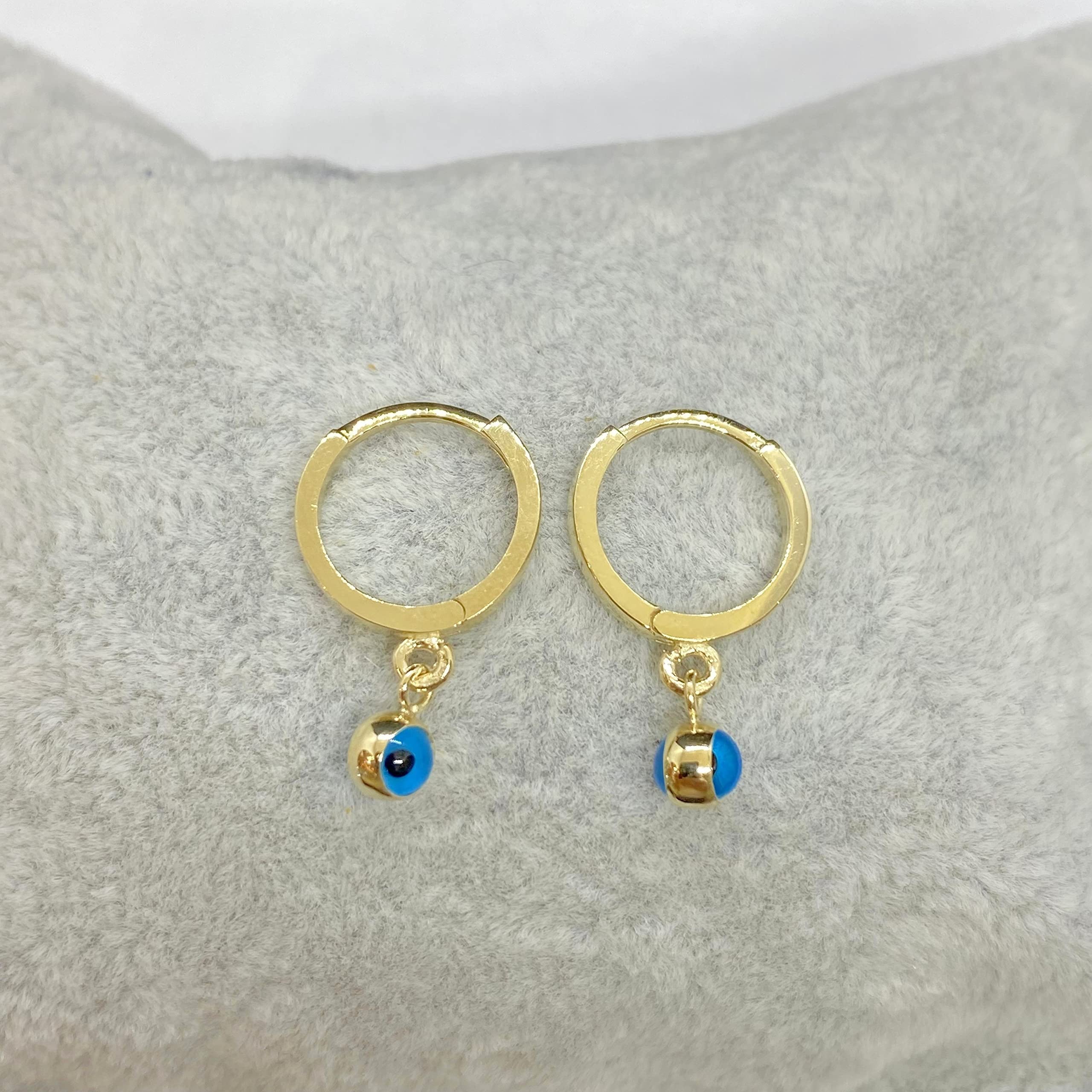 14K Solid Gold Evil Eye Hoop Earrings for Girls - Two-Sided Dangle Drop Nazar Jewelry - Baby & Teen Birthday Gift - Perfect for Parties, School & Special Occasions