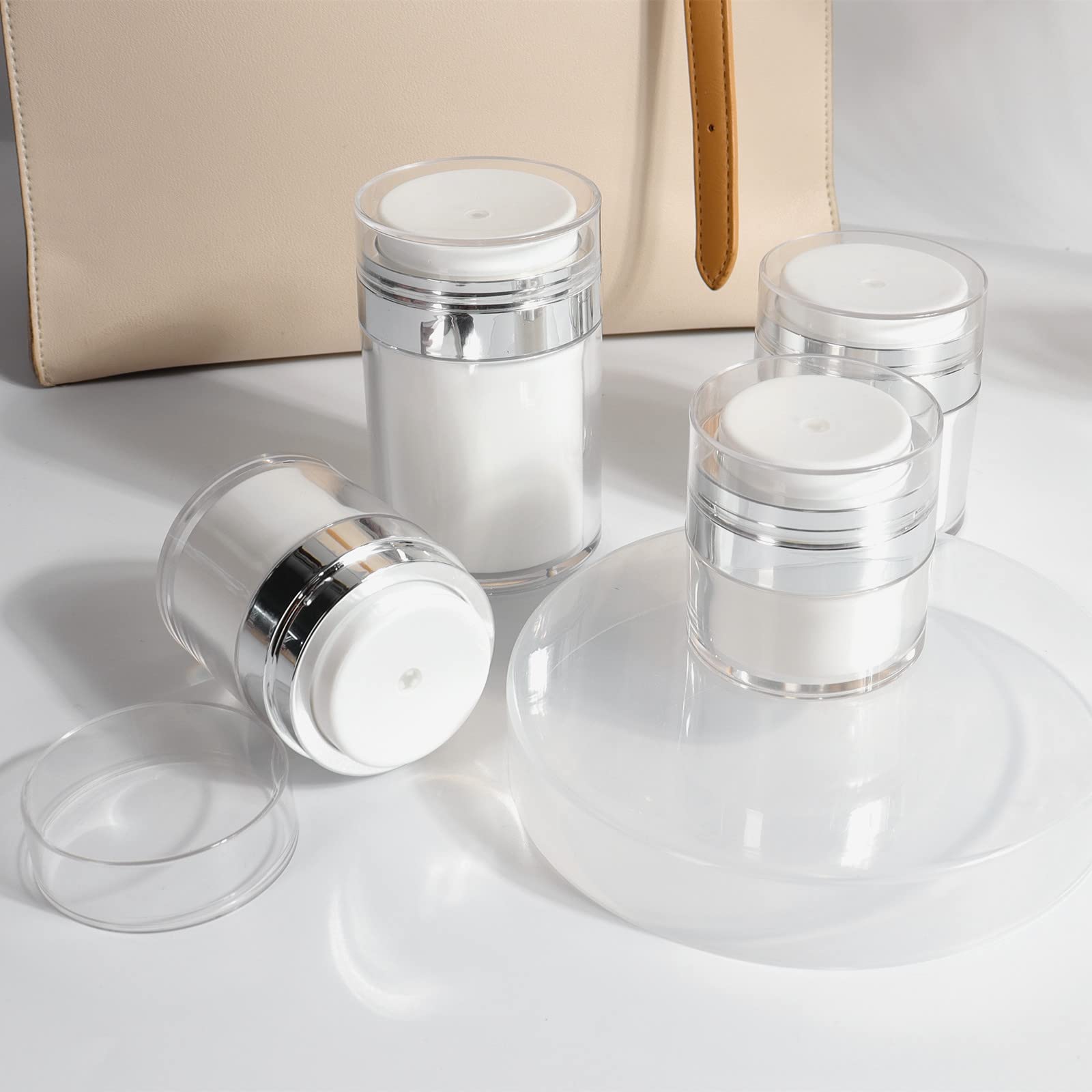 4-Pack Airless Pump Jars (0.5oz+1.0oz+1.7oz+3.5oz) - Leak-Proof Lotion Dispenser Bottles for Travel, Skincare Cream & Makeup Storage - Perfect for Moisturizers, Serums & Cosmetic Products On-The-Go