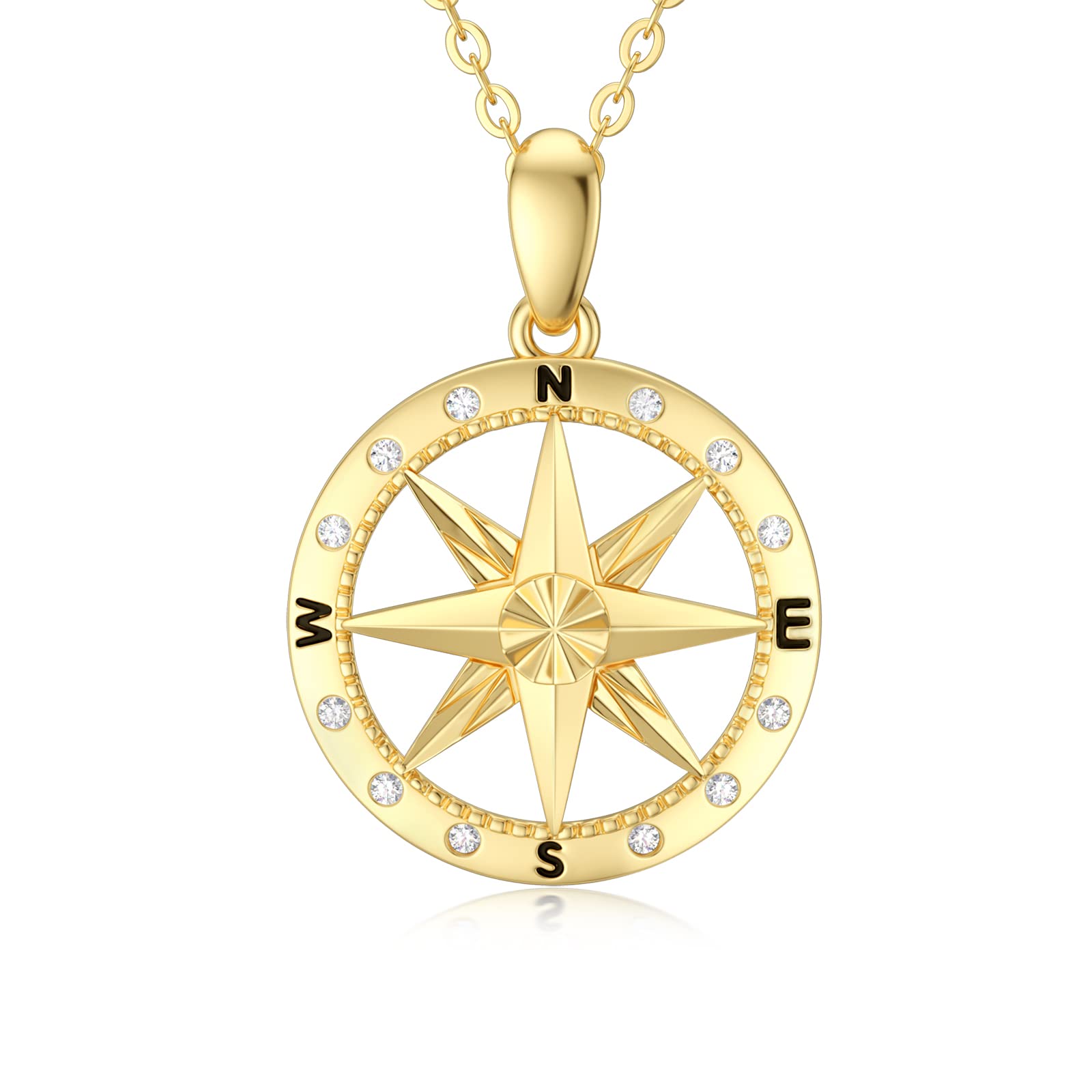 14K Real Gold Compass Necklace for Women - Yellow Gold Compass Pendant with Cubic Zirconia, 16+1+1 Inch Jewelry Gift for Birthday, Christmas, Anniversary | Perfect for Travel Lovers & Outdoor Adventures