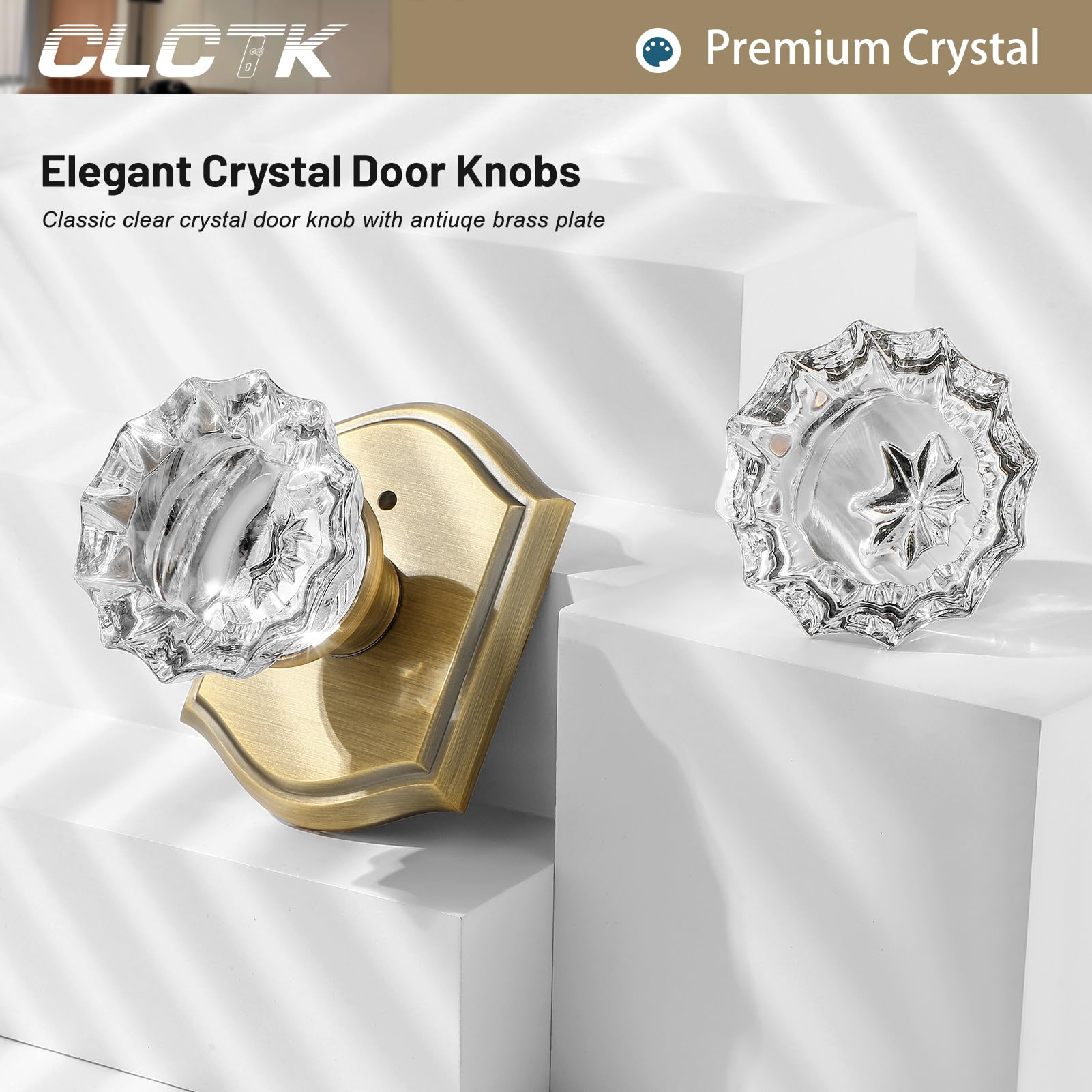 Vintage Crystal Glass Door Knobs with Lock - Antique Brass Interior Privacy Door Handles for Bedroom & Bathroom (1 Pack) - Perfect for Home Renovation & Vintage Style Decor