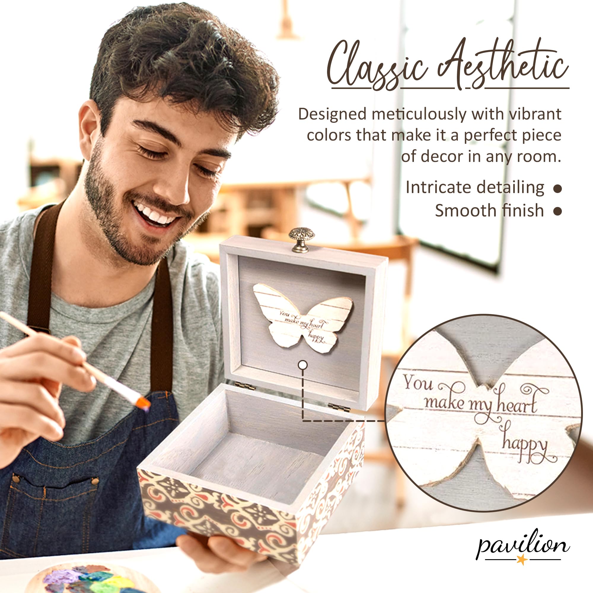 Pavilion 'Simple Spirits Butterfly' 41102 - Wooden Hinged Keepsake Box with Elegant Pattern & Printed Message - Perfect Gift for Friends & Loved Ones - Jewelry Organizer, Cosmetic Storage & Trinket Holder for Bedroom, Bathroom & Dresser Decor
