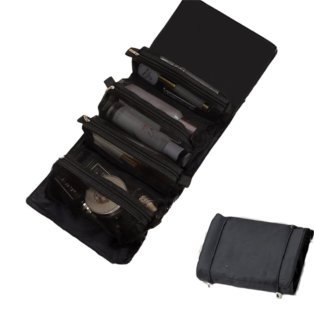 Large Waterproof Hanging Makeup Bag - Detachable Folding Travel Cosmetic Organizer with Separate Compartments for Toiletries (Black) | Perfect for Travel, Gym, Camping & Daily Storage