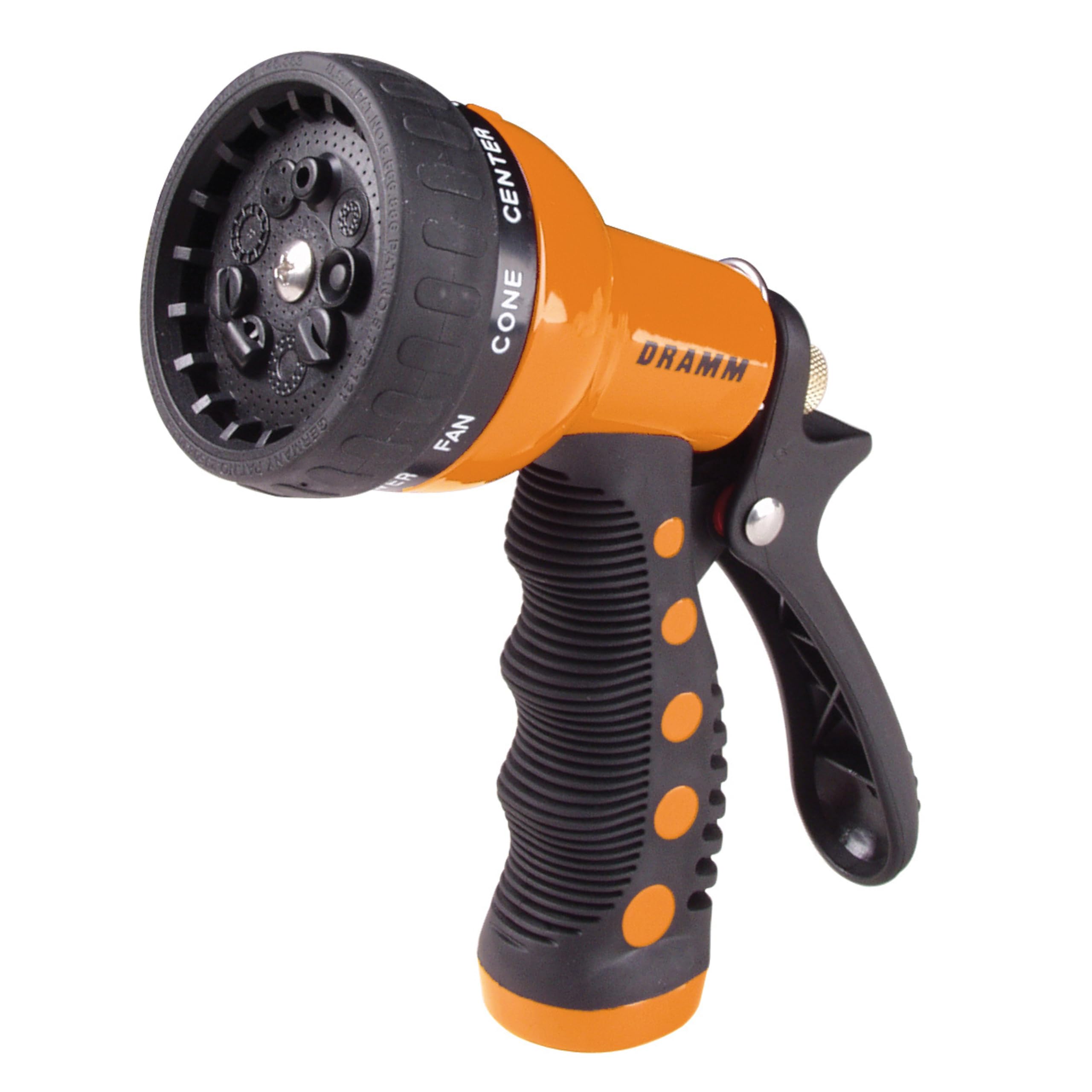 Dramm Revolver Heavy Duty 9-Pattern Adjustable Garden Hose Nozzle with Quick Click & Trigger Handle - Perfect for Car Washing, Boat Cleaning, Deck Maintenance, Sidewalk Spraying, and Watering Flowers or Young Trees (Orange)