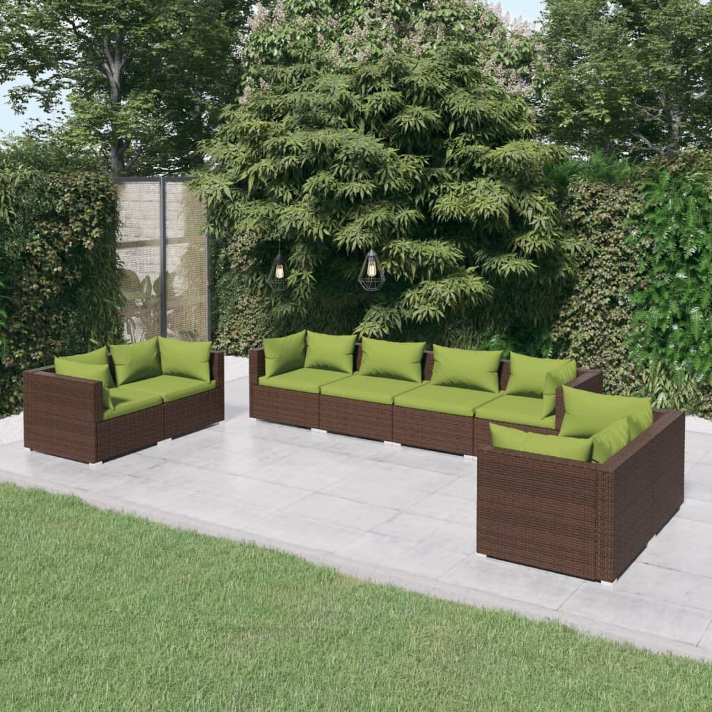 vidaXL 8-Piece Patio Lounge Set with Cushions - Brown Poly Rattan Outdoor Furniture with Green Cushions, Easy to Clean & Modular Design | Perfect for Backyard, Poolside & Garden Relaxation
