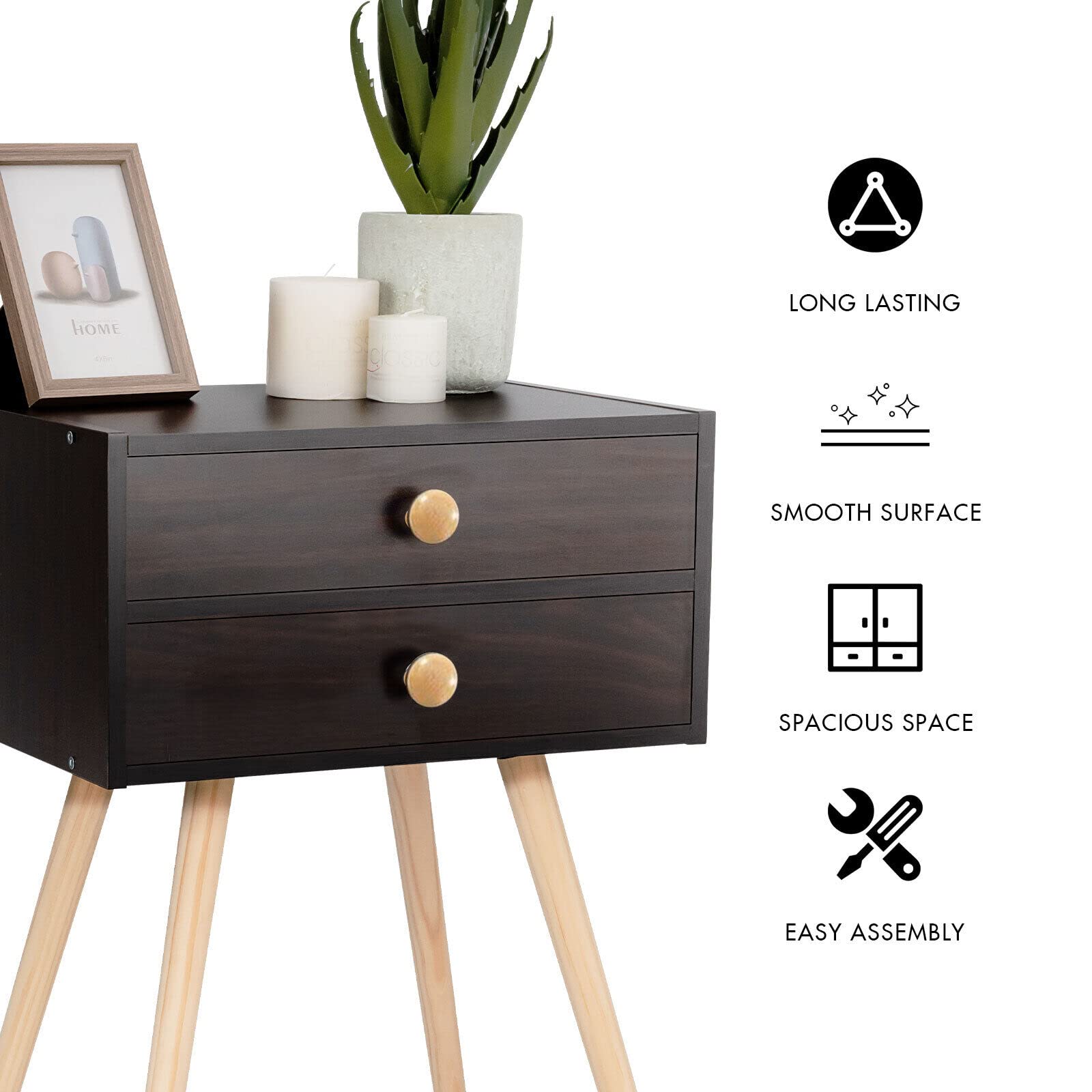 Mid Century Modern Nightstand with 2 Drawers & Solid Wood Legs - Compact Bedside Table for Small Spaces - Espresso Finish End Table for Bedroom & Living Room - Perfect for Storage & Home Decor