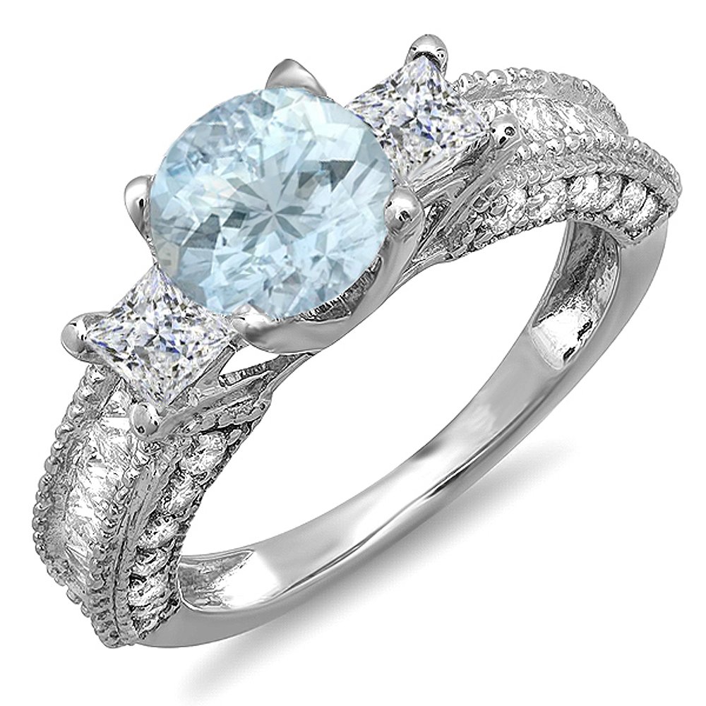 Dazzlingrock Collection 14K Solid White Gold Blue Aquamarine & White Diamond Women's 3-Stone Engagement Ring for Bridal, Wedding, Anniversary & Proposal - Elegant Jewelry Gift for Her