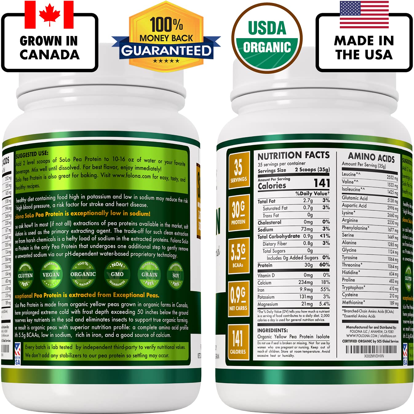 SOLO Organic Pea Protein Isolate Powder - 100% Vegan, Non-GMO, Unflavored Plant-Based Protein with BCAA - Low Sodium, Keto & Paleo Friendly, Easy to Digest - Made from Canada Grown Peas, No Additives (2.7 lbs) - Perfect for Smoothies, Baking & Post-Workout Recovery