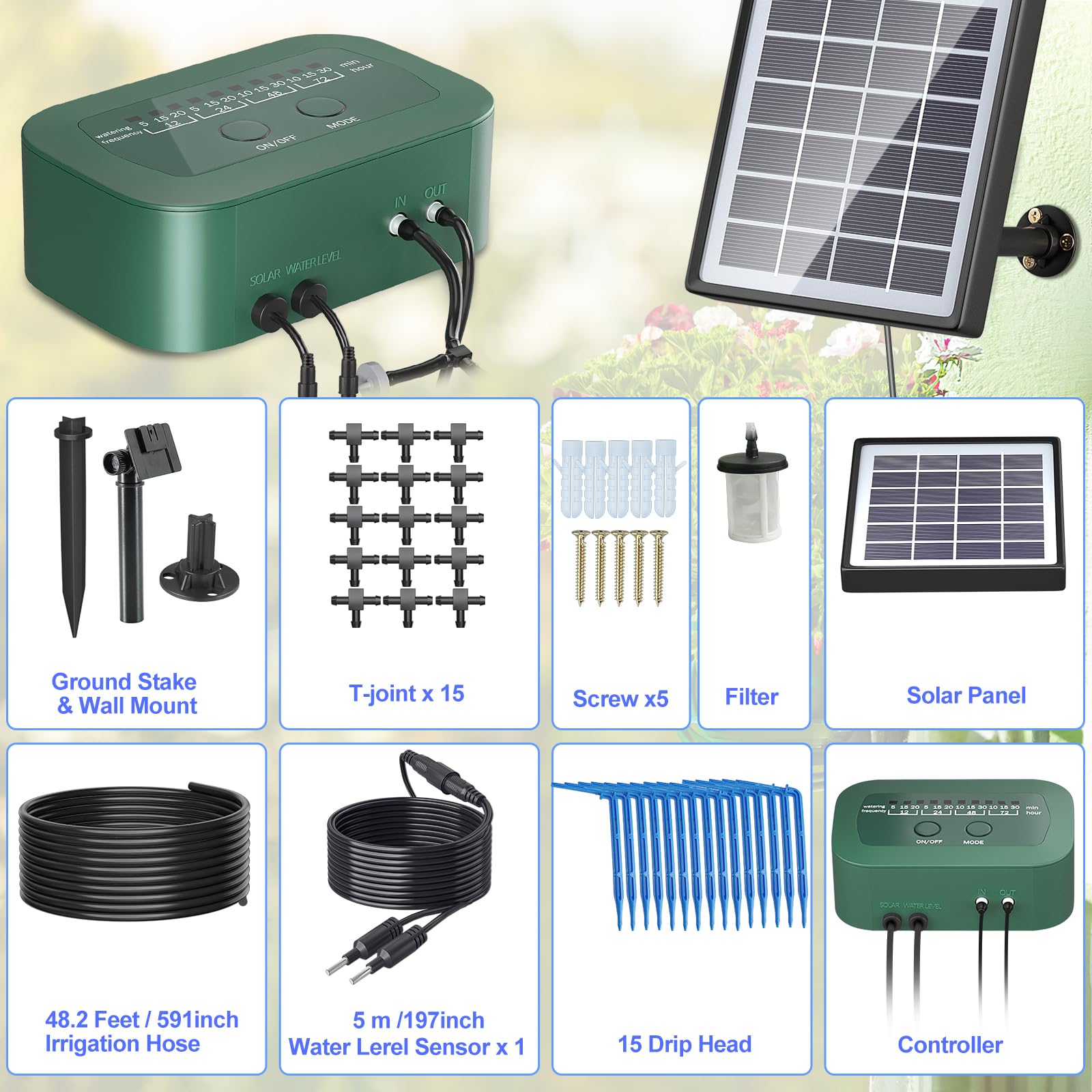 PChero Solar Automatic Drip Irrigation Kit - 12 Timer Modes Solar Powered Watering System for Indoor, Balcony, Outdoor Garden & Greenhouse - Supports 15 Pots (Perfect for Vacation Plant Care & Water Conservation)
