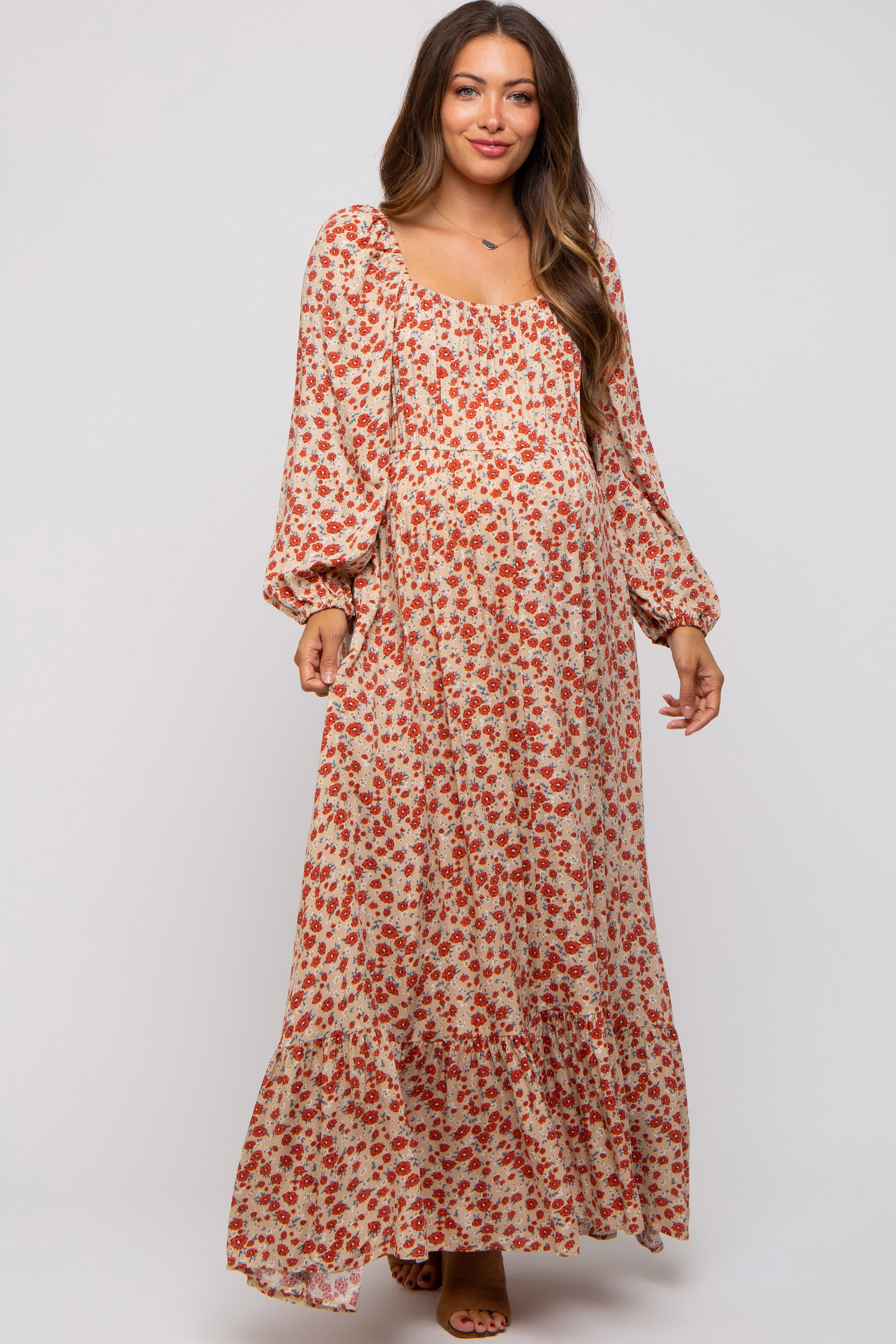 Beige Floral Square Neck Ruffle Maternity Maxi Dress for Pregnancy & Nursing - Comfortable Summer Maternity Dress for Baby Shower, Beach Vacation & Photoshoot
