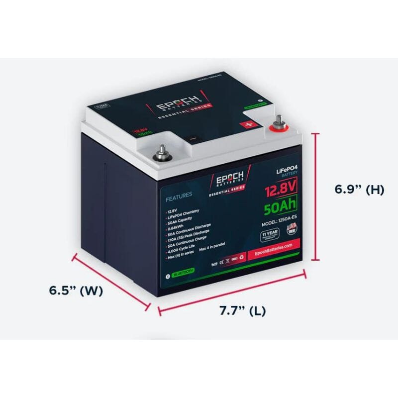 Epoch 12V 50Ah LiFePO4 Deep Cycle Battery with Bluetooth - Perfect for RVs, Solar Power Systems & Marine Applications | Epoch Essentials