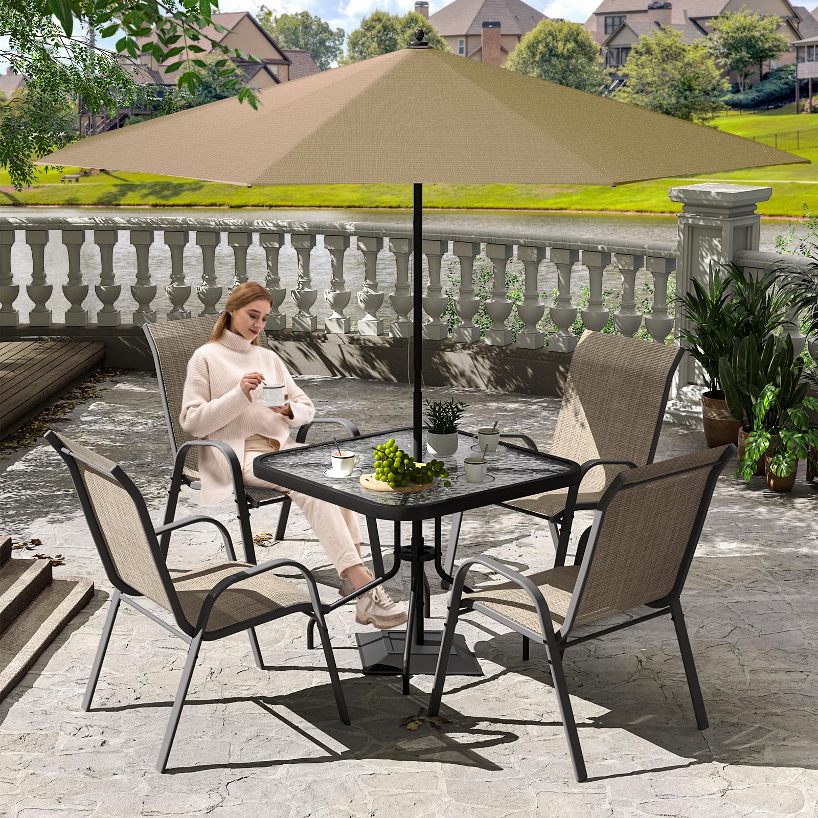 Amopatio 5-Piece Outdoor Dining Set with Textured Glass Tabletop & 4 Stackable Chairs - Patio Furniture for Balcony, Porch, Lawn (Brown) | Perfect for Backyard BBQs, Garden Parties & Outdoor Entertaining