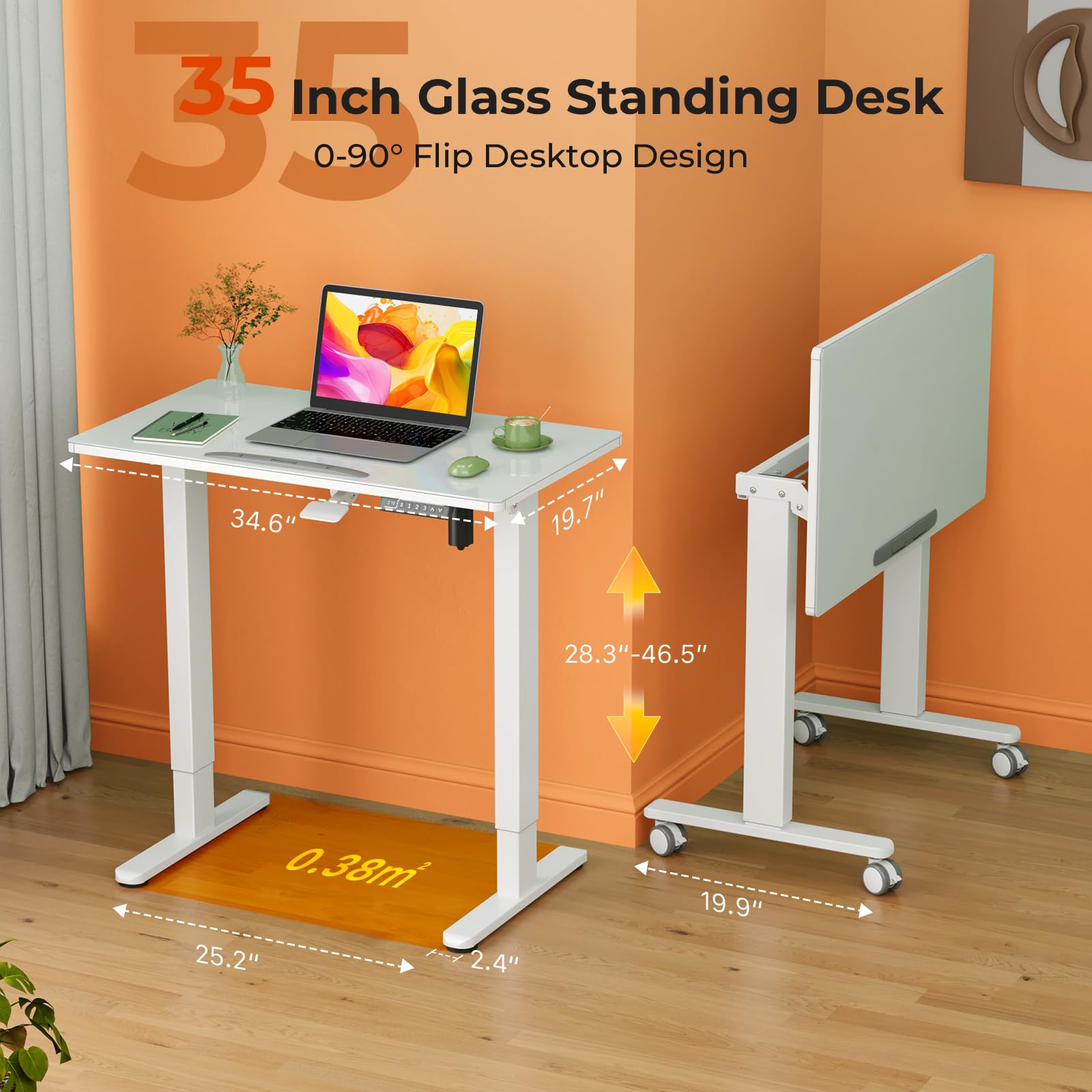 35 Inch Adjustable Height Glass Standing Desk with Wheels - 90° Tiltable Mobile Workstation for Home & Office - Foldable Rolling Sit Stand Desk for Laptop, Computer & Workspace - White
