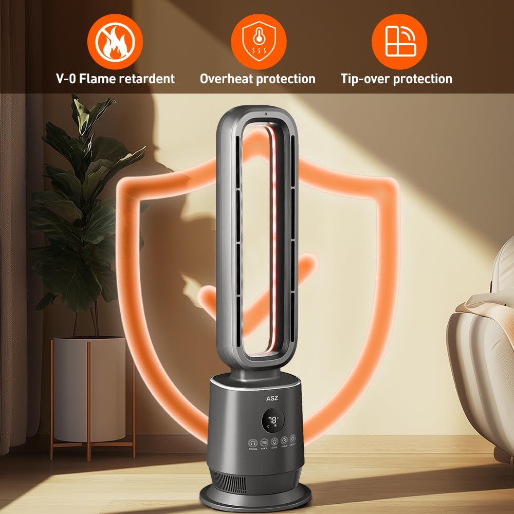 ASZ Tower Space Heater - 32 Inch Bladeless Ceramic Heater with Digital Thermostat, Timer & Remote Control - 1500W Oscillating Indoor Heater for Home, Office & Bedroom - Quiet & Energy Efficient (Grey)