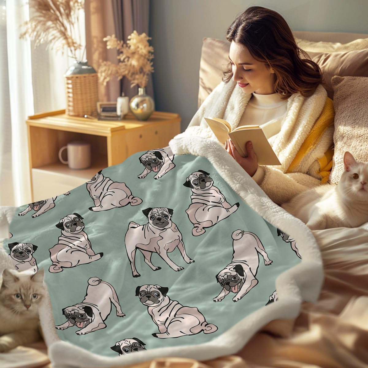 Soft Pug Fleece Throw Blanket for Kids & Adults - Cute Dog Sherpa Blanket, Green (50