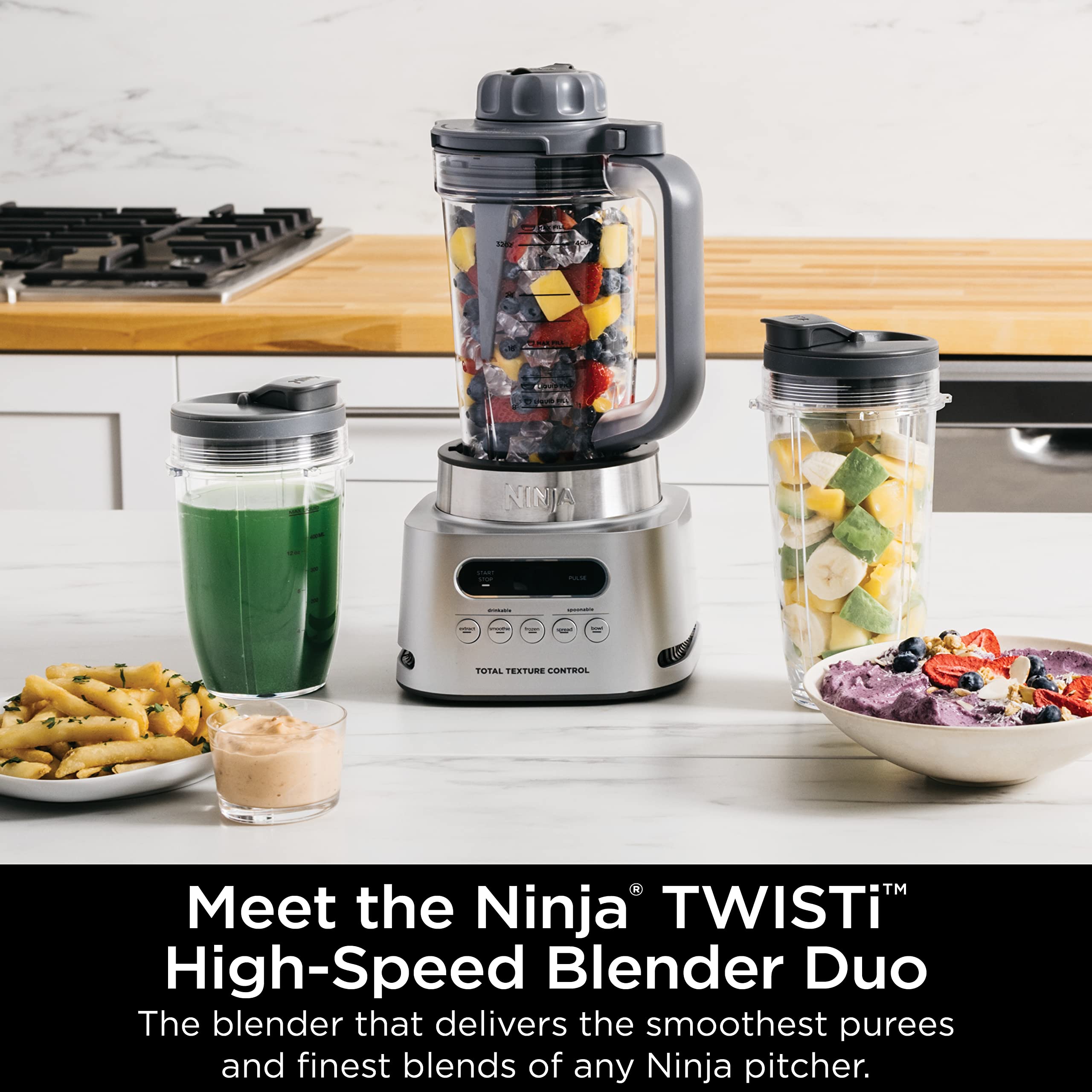Ninja SS151 TWISTi Blender DUO - 1600W High-Speed Smoothie Maker & Nutrient Extractor with 5 Functions (Smoothies, Spreads & More) | Includes 34oz Pitcher & 2 To-Go Cups | SmartTORQUE Technology | Perfect for Smoothies, Nut Butters & Meal Prep - Gray