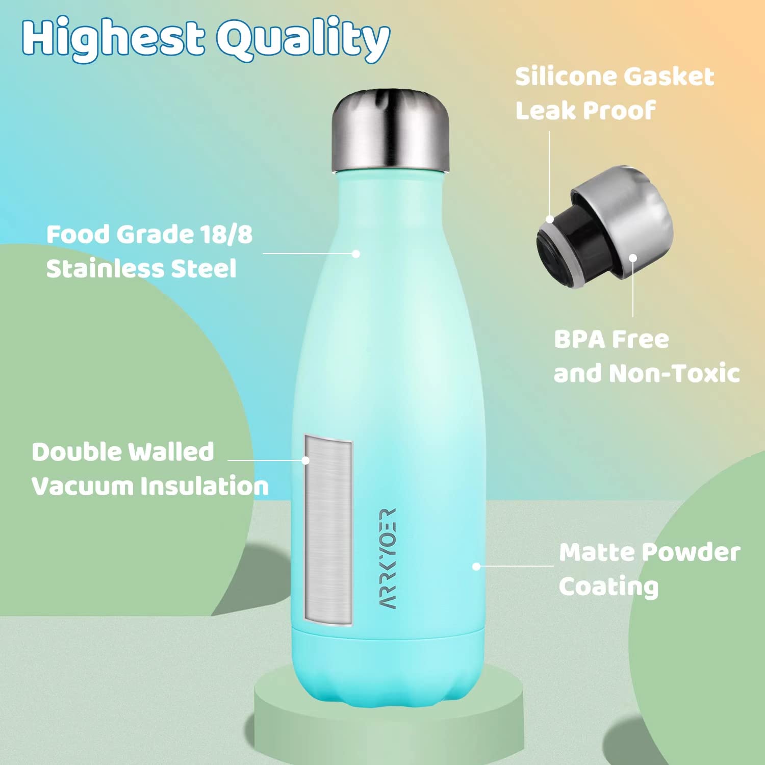 12oz Stainless Steel Insulated Water Bottle - BPA-Free, Leak Proof & Dishwasher Safe Reusable Thermos for Kids, Boys & Girls - Perfect for School, Sports & Outdoor Activities | Mint Green