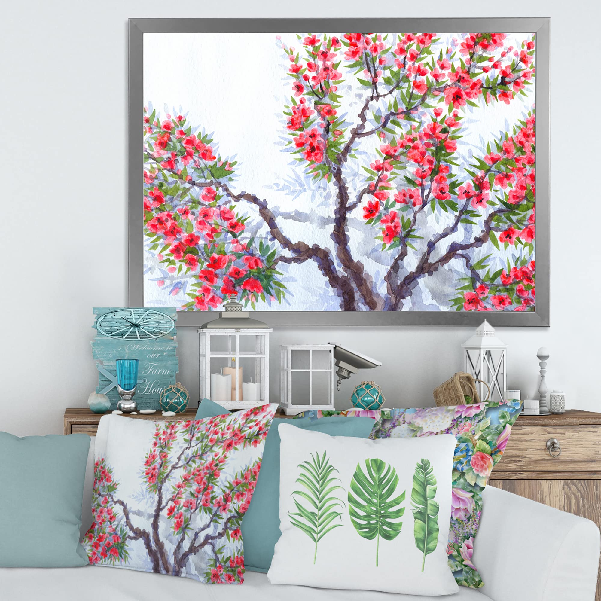 DesignQ Red Flowers of Spring Tree Traditional Framed Wall Art - Hand Painted Canvas Painting for Living Room, Bedroom & Office Decor