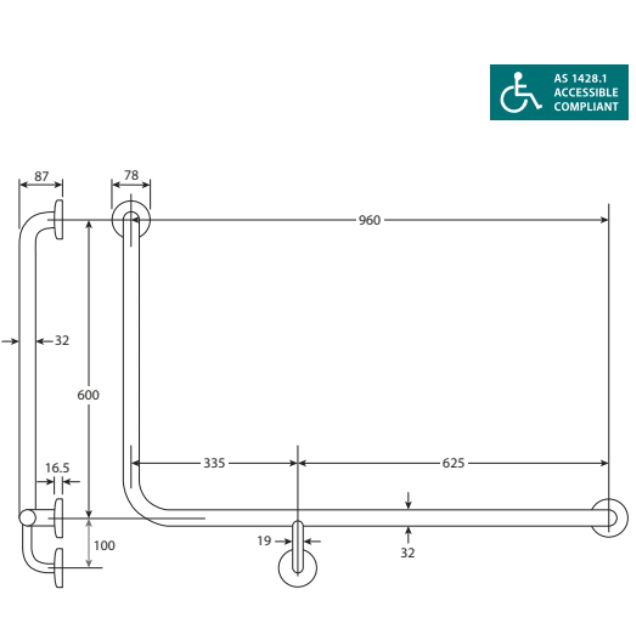 Fienza Delta CARE4RL & CARE4RR Accessible Care Kit with 90° Right Hand Rail - Ideal for Elderly & Disabled Bathroom Safety & Mobility Assistance