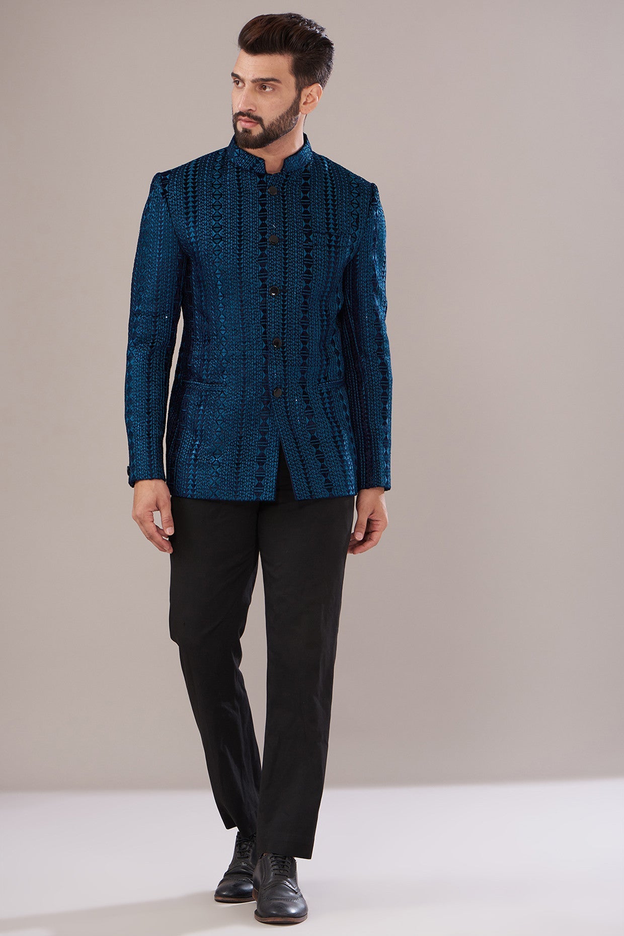 Midnight Blue Velvet Embroidered Bandhgala Jacket for Men - Elegant Indian Wedding Sherwani - Perfect for Grooms, Festivals & Special Occasions