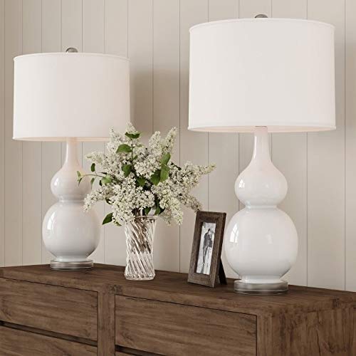 Vintage White LED Table Lamps Set of 2 - Modern Double Light Bedside Nightstand Lamps for Living Room, Bedroom & Office Decor