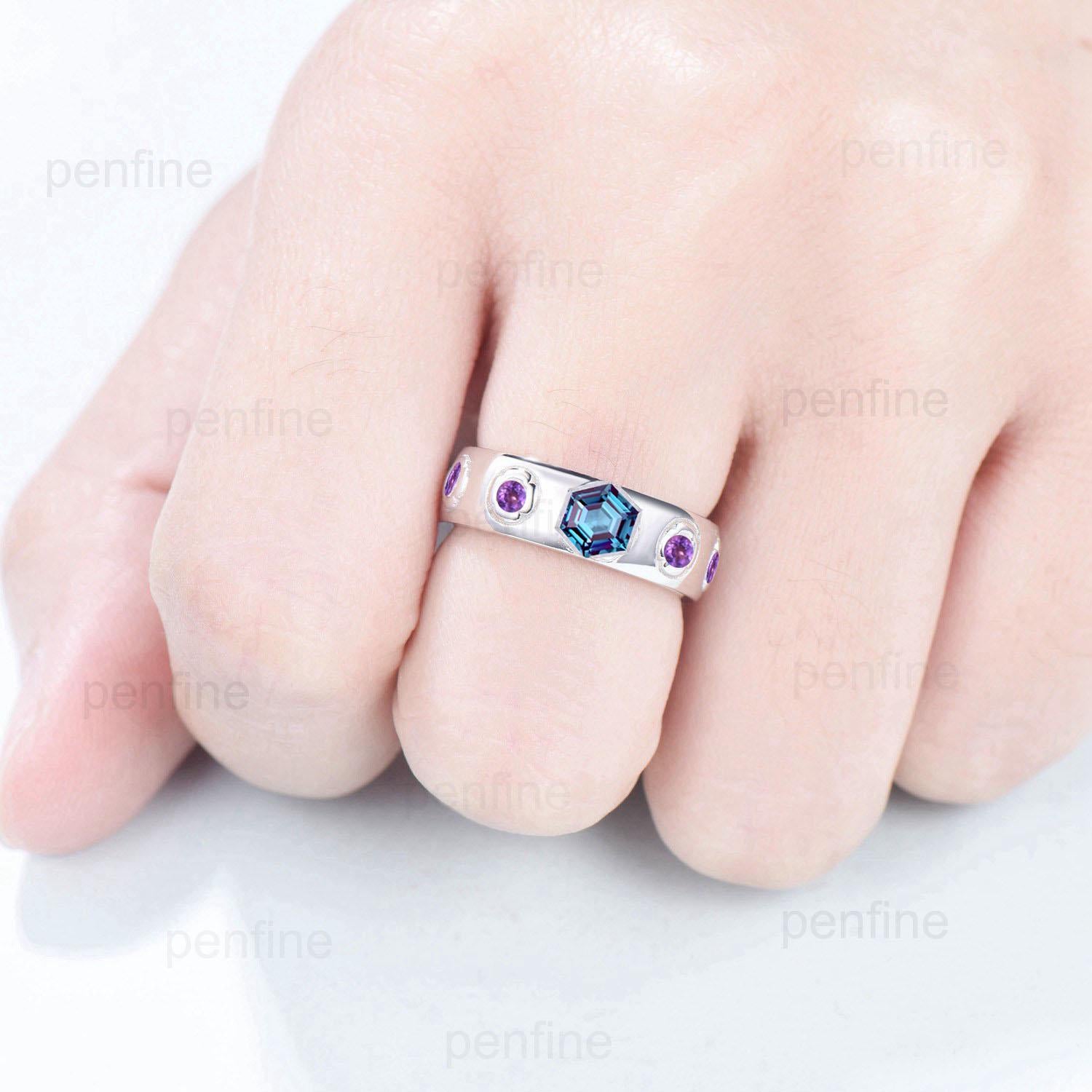 Howl's Moving Castle Men's Ring - 5mm Hexagon Alexandrite Wedding Band in Silver & White Gold - Howl & Sophie's Matching Stacking Ring Set with Amethyst - Perfect Gift for Anime Fans, Couples & Fantasy Lovers (Great for Cosplay, Weddings & Anniversary Gifts)